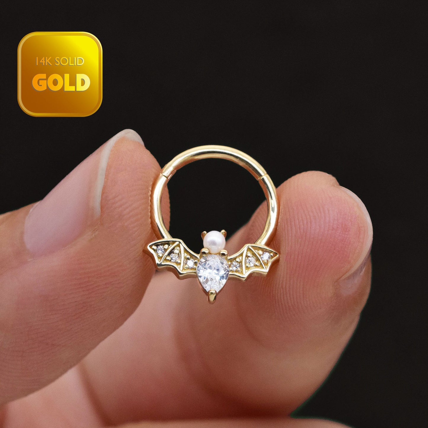 14K Solid Gold Bat Septum Ring 16g Pearl Nose Daith Conch Helix Earrings
