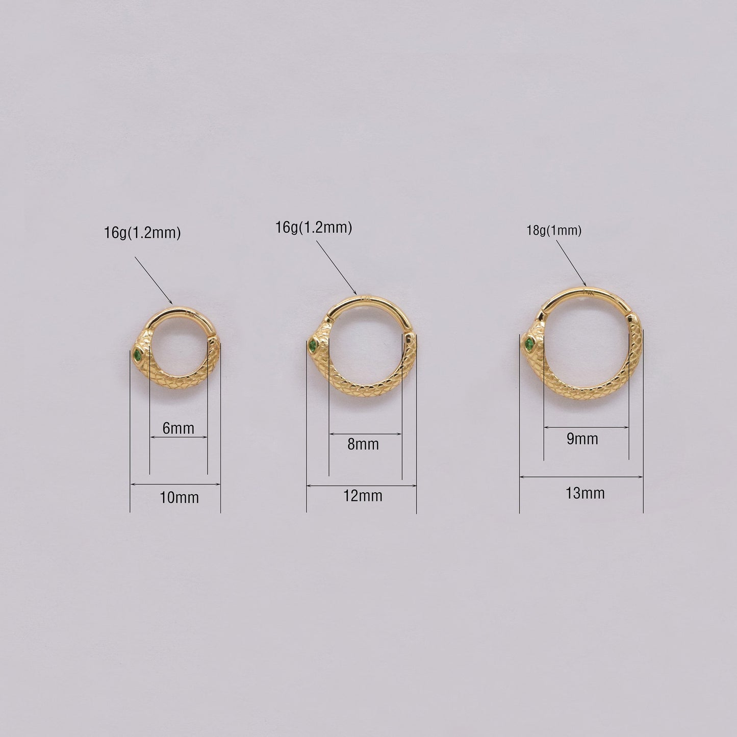14K Solid Gold Snake Septum Helix Tragus Emerald Hoop