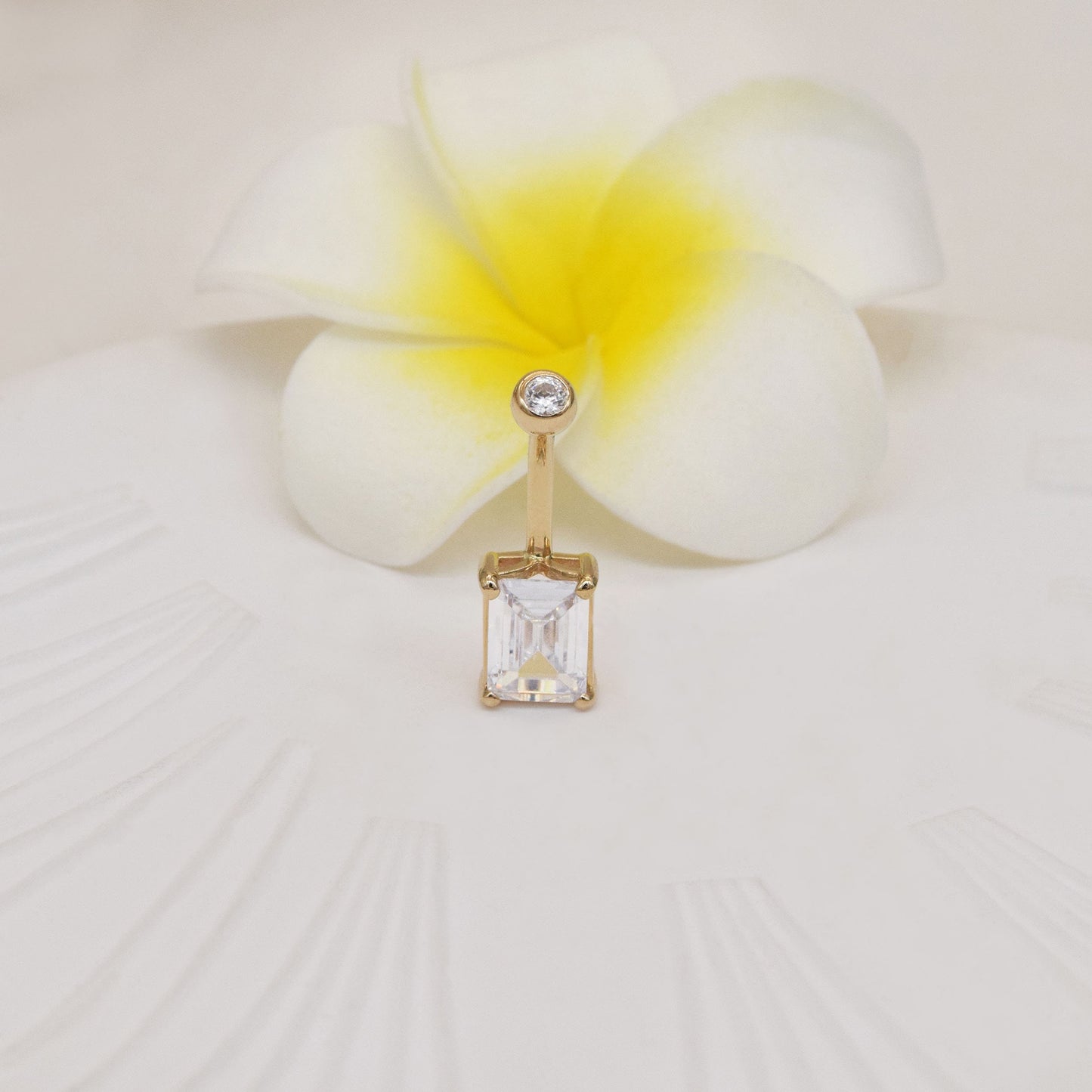 14K Solid Gold Crystal Rectangle Belly Ring