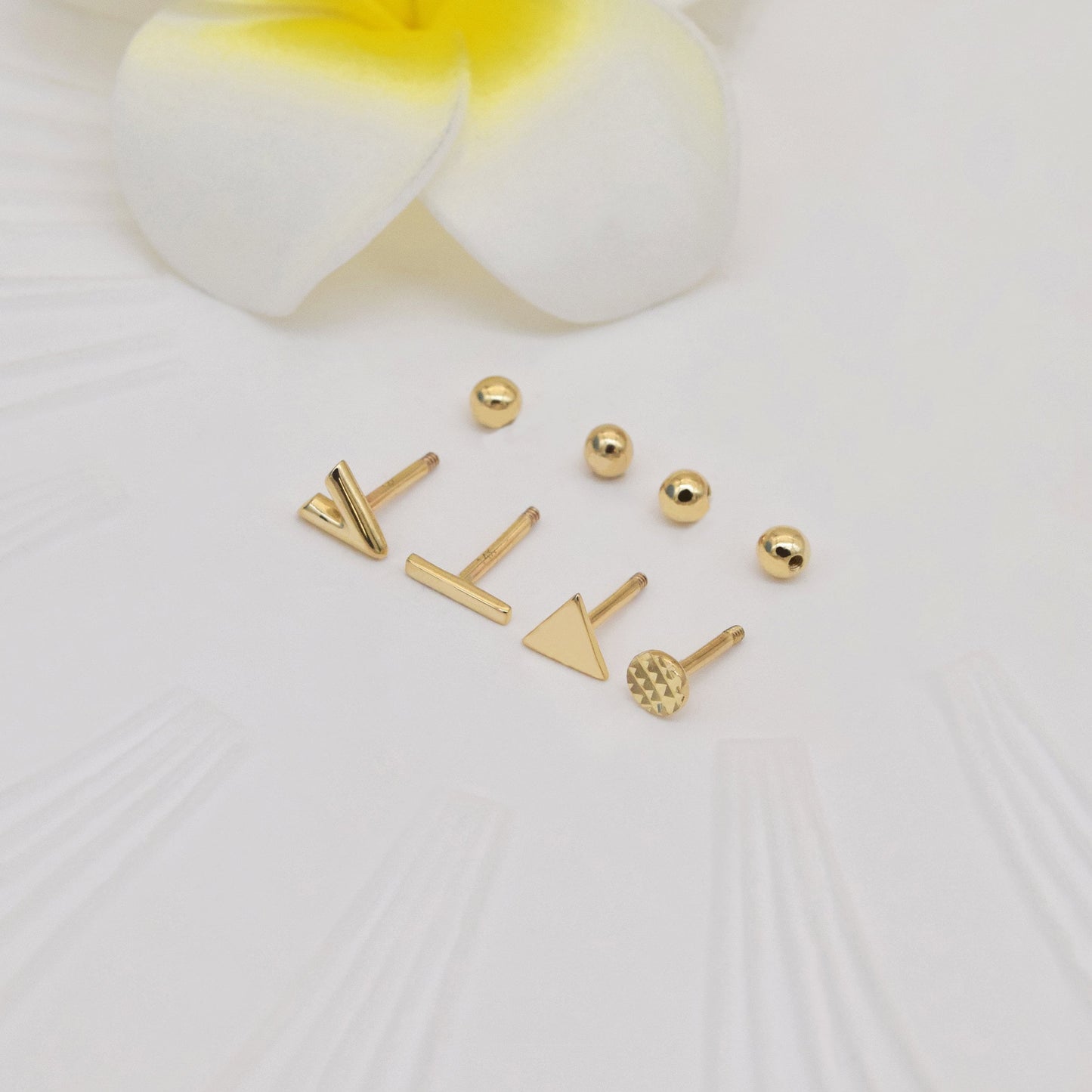 14K Solid Gold Geometric Stud Earrings V Shape Triangle Circle Dot 18g
