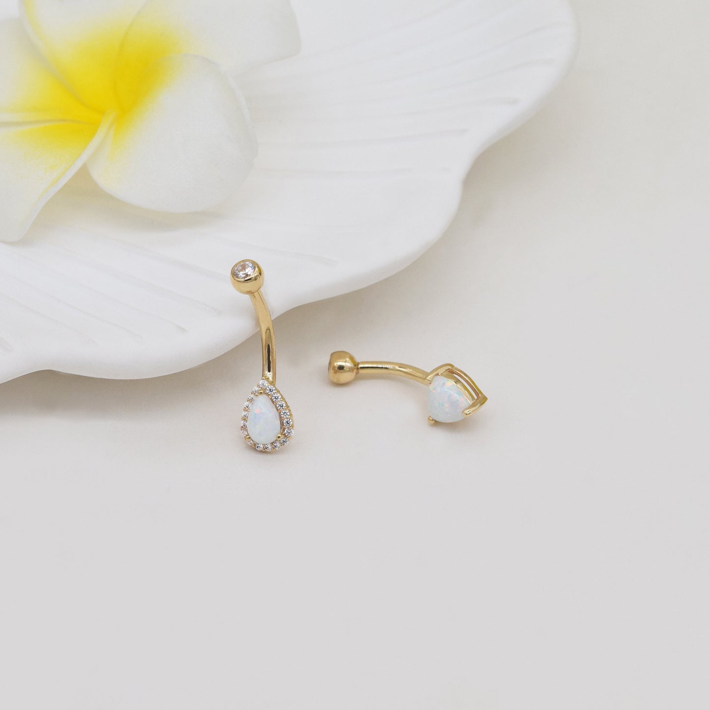 14K Solid Gold Heart Opal Belly Ring Pear Shape Navel Piercing 14g