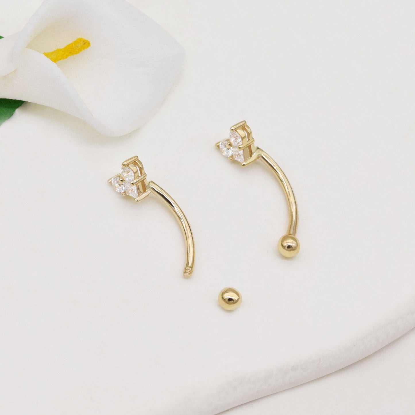 14K Solid Gold Heart Rook Earring Diamond Curved Barbell 16G