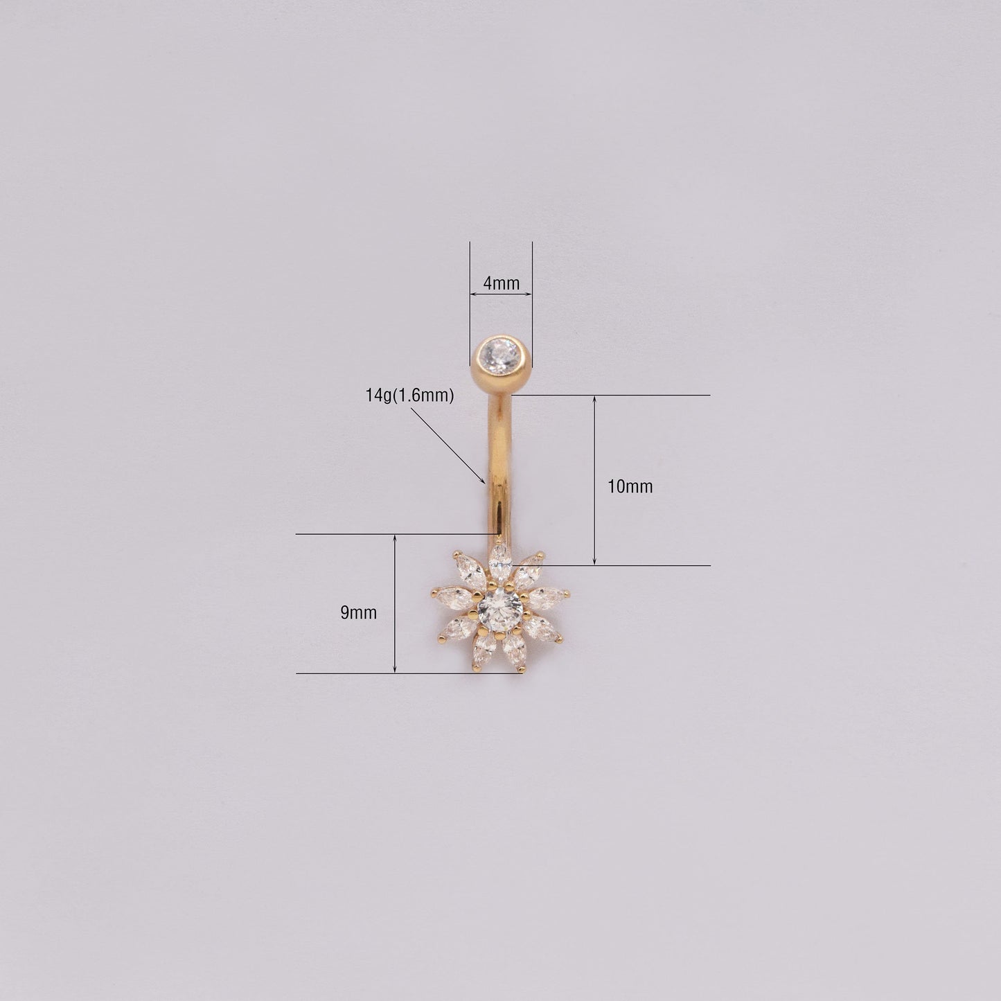 14K Solid Gold Flower Belly Ring Sunflower Cubic Zirconia Navel Piercing 14G