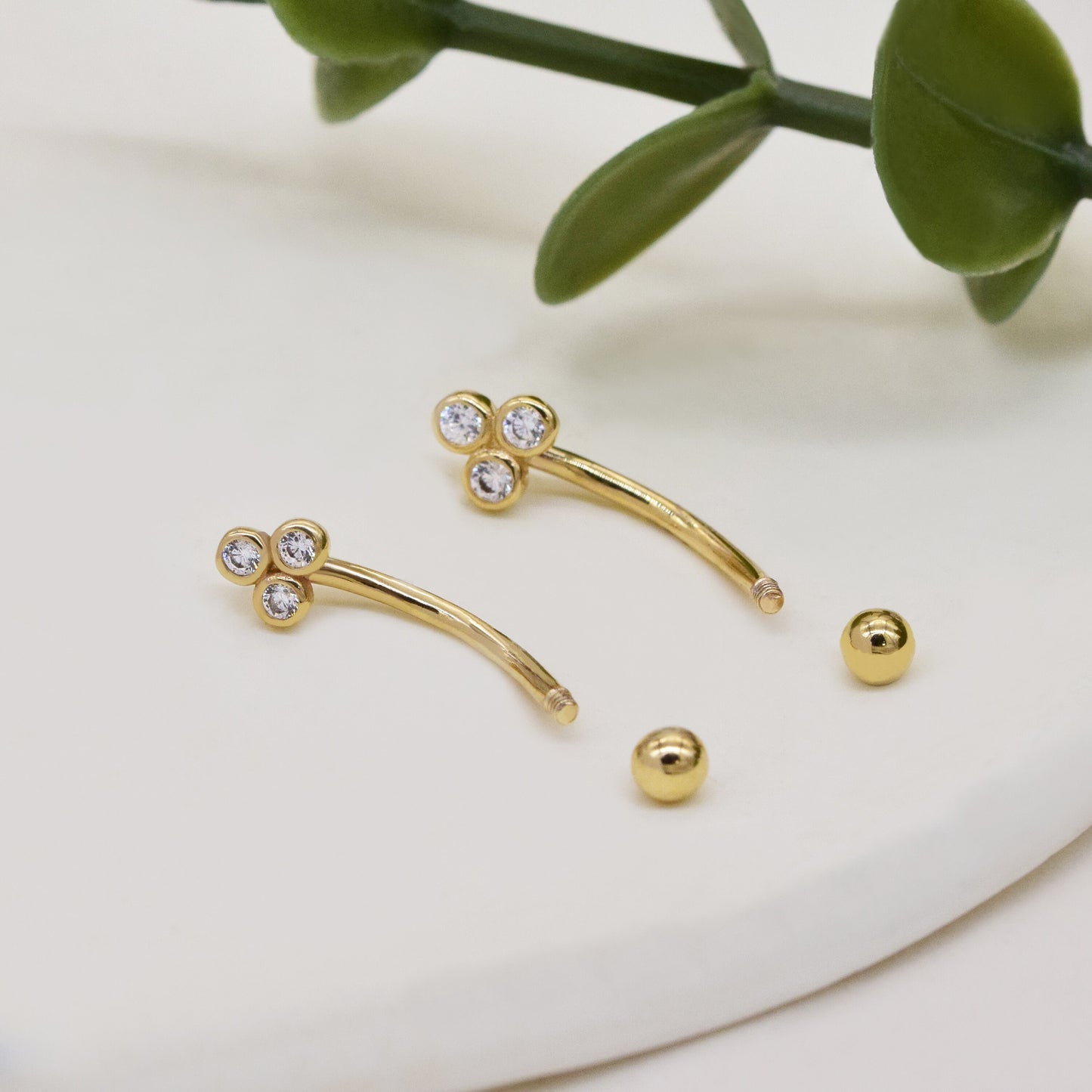 14K Solid Gold Floral Cubic Zirconia Curved Barbell Earring 16G