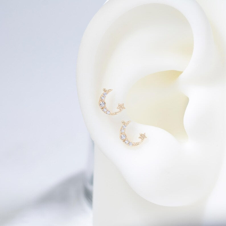 14k Gold Moon Star Helix Tragus Conch Stud