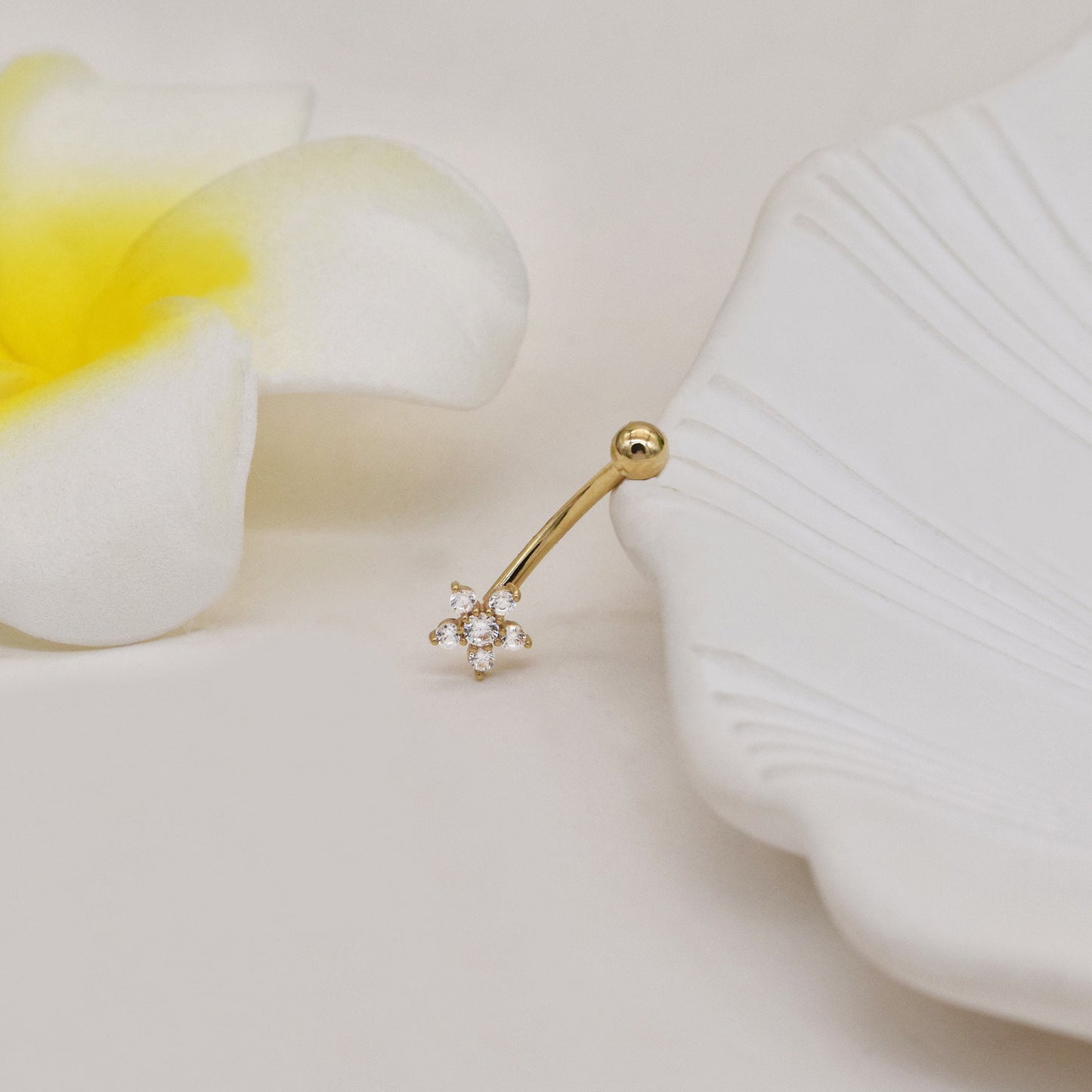 14K Solid Gold Flower Rook Earring Navel Barbell 16G Gift for Her