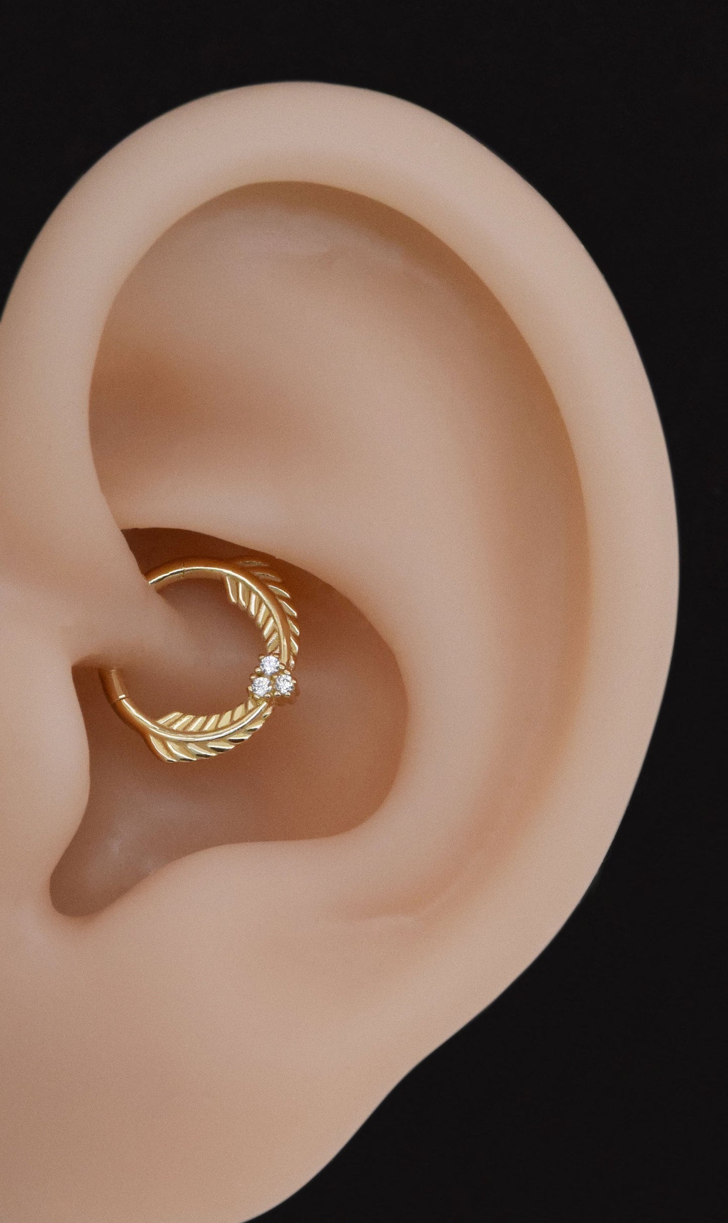 14K Solid Gold Cartilage Hoop Leaf Opal Clicker 16G