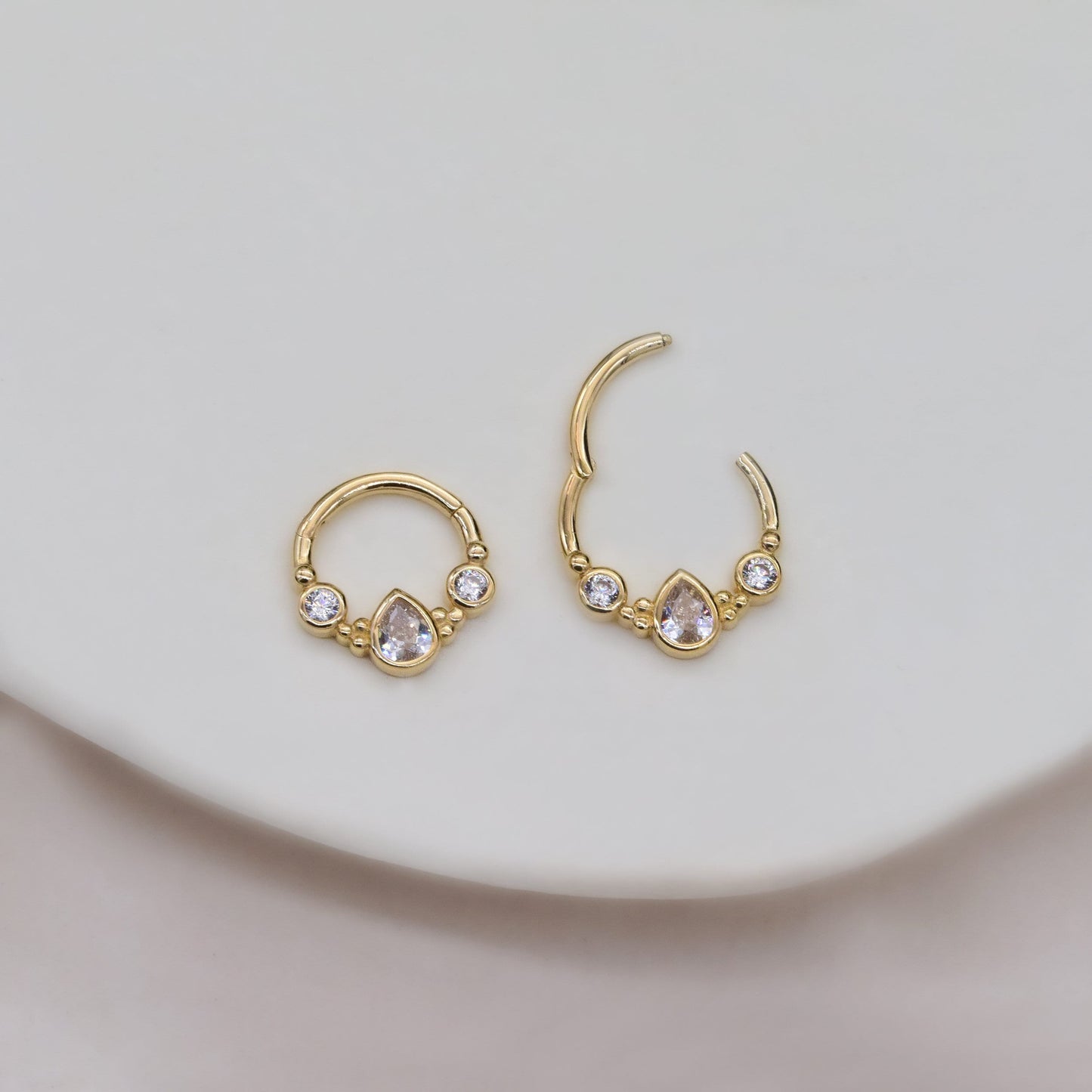 14K Solid Gold Teardrop Bezel Hoop Septum Nose Ring Cartilage Daith 16g