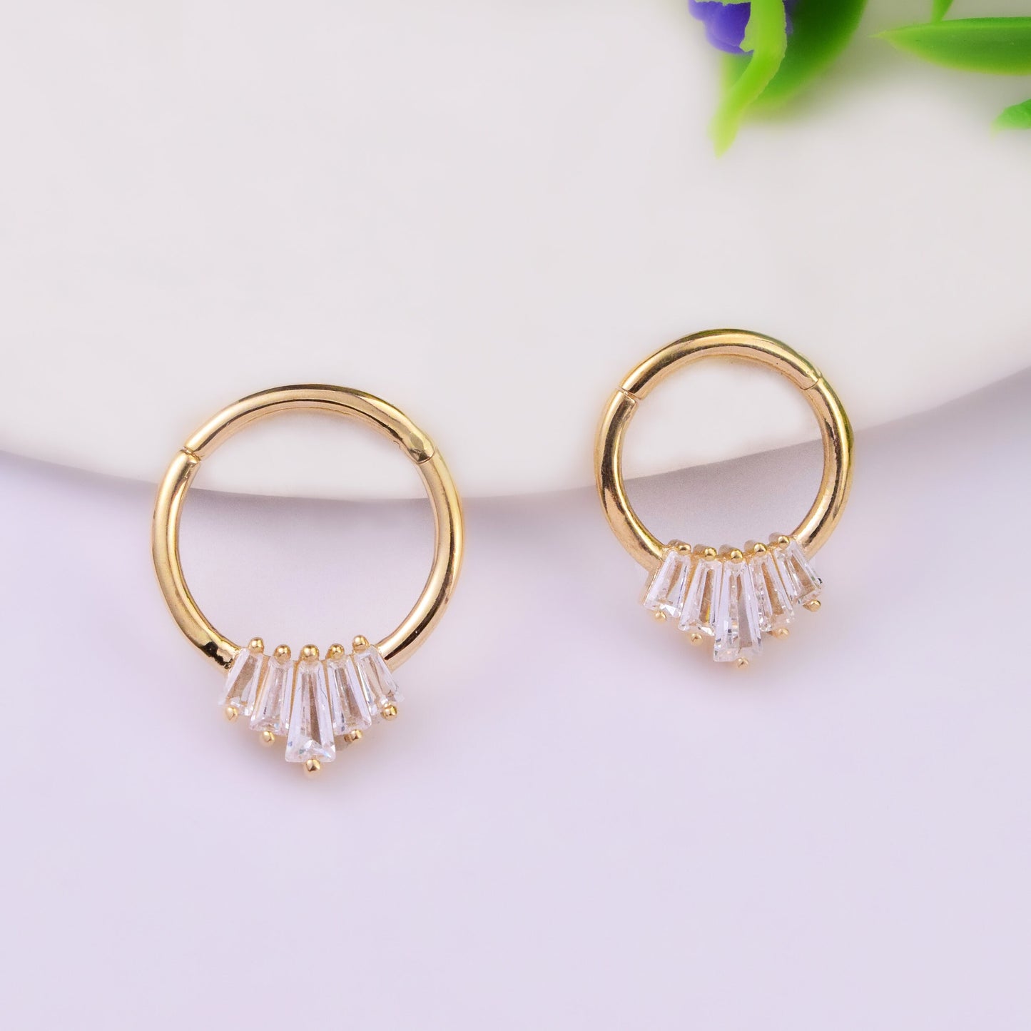 14K Solid Gold Baguette Daith Septum 16g Nose Cartilage Clicker Hoop