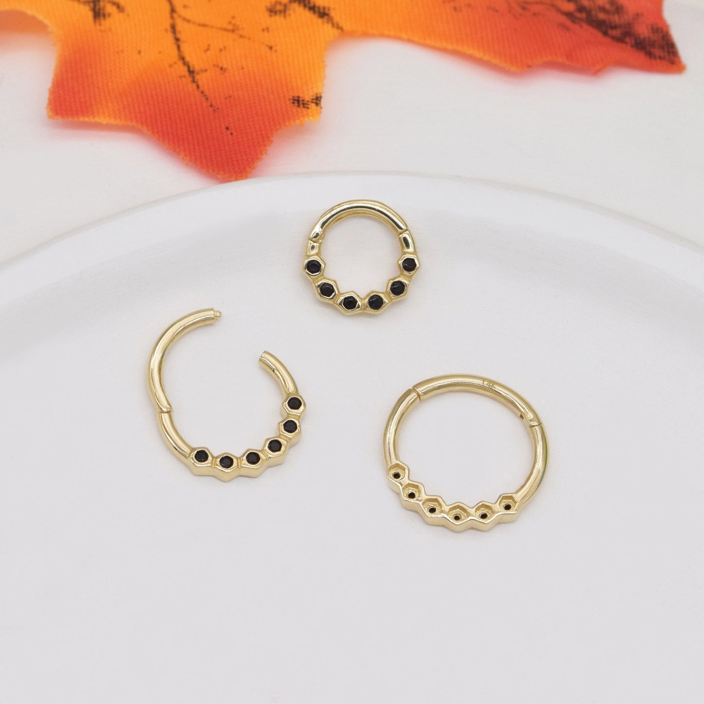 14K Solid Gold Bezel Set Black Stone Septum Hoop 16G