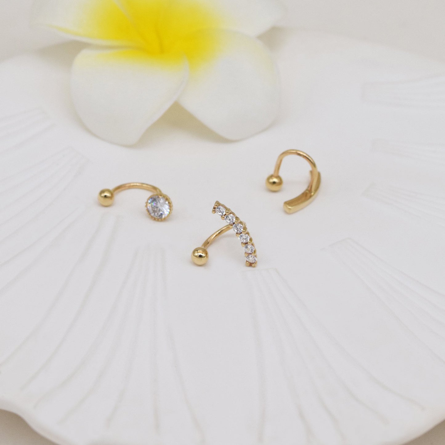 14K Solid Gold U-Shape Double Hole Screw Ball Huggie Earring 18g