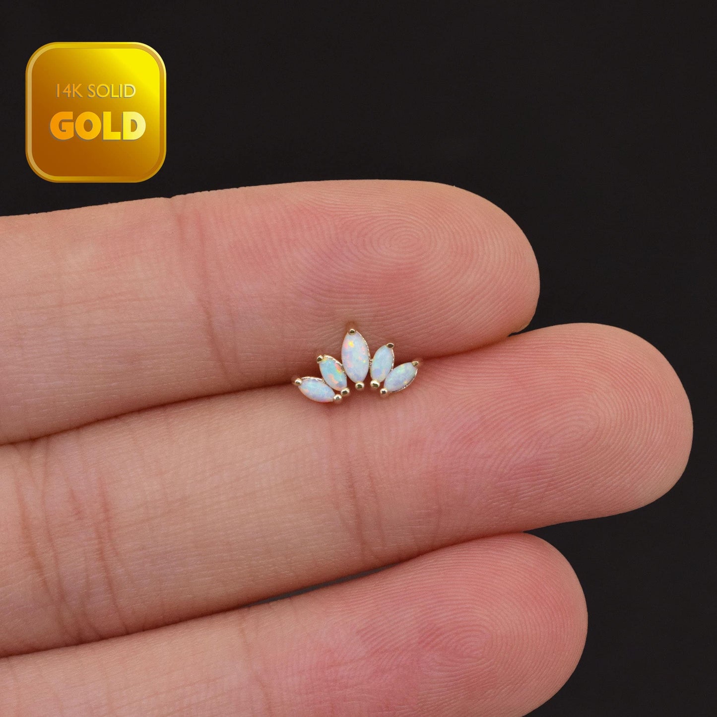 14K Solid Gold Opal Crown Stud Marquise Fan Earring 18g