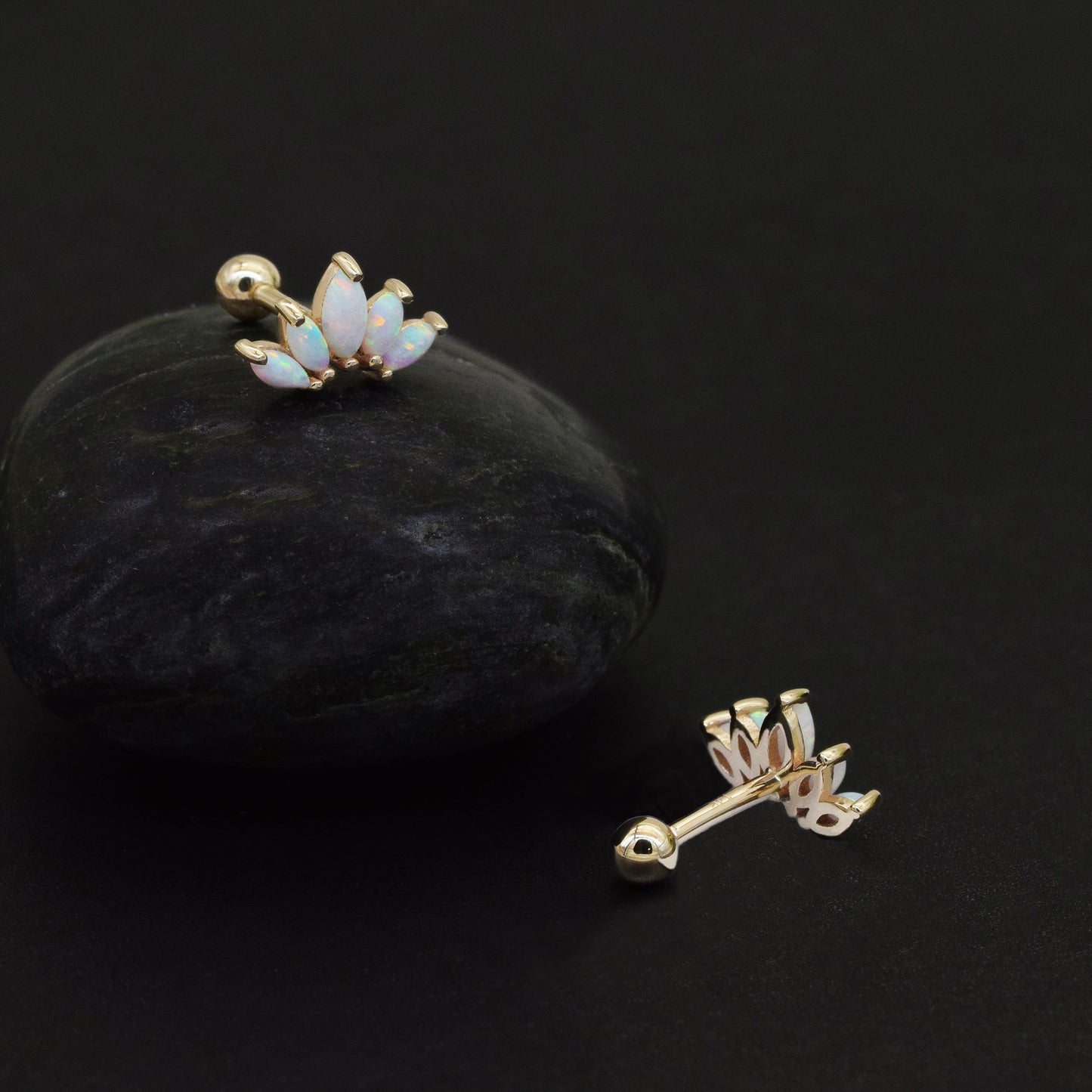 14K Solid Gold Opal Crown Stud Marquise Fan Earring 18g