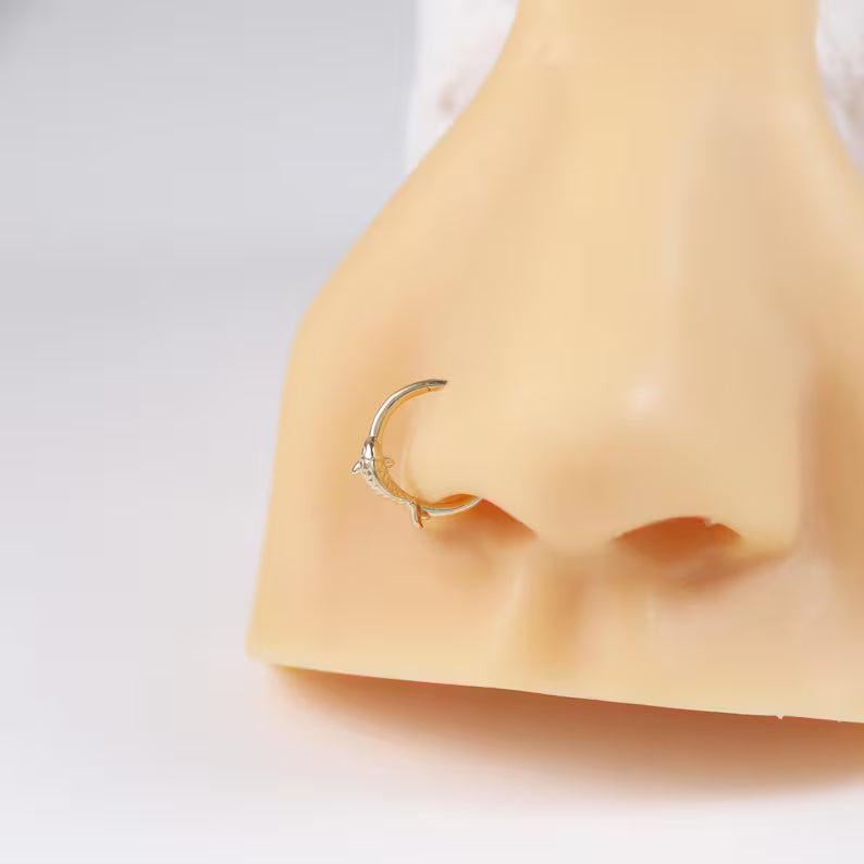 14K Gold Fish Clicker Hoop Nose Ring 18g