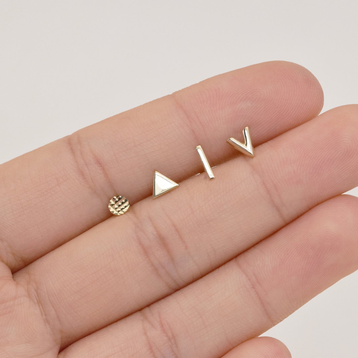 14K Solid Gold Geometric Stud Earrings V Shape Triangle Circle Dot 18g