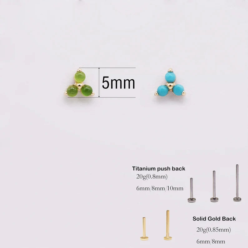 14K Solid Gold Turquoise & Jade Cartilage Stud Earring