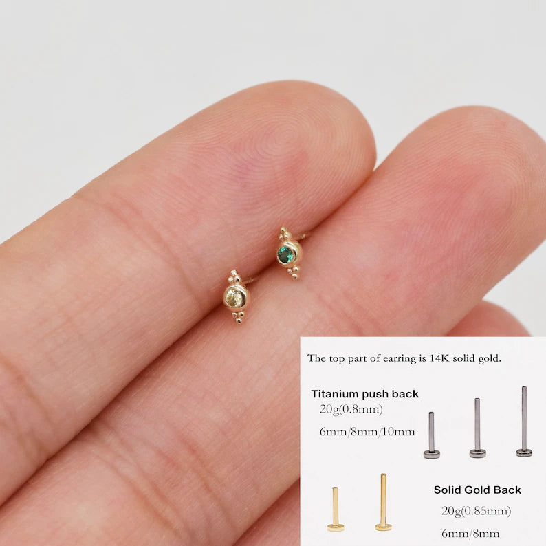 14K Solid Gold Three Bead Helix Stud