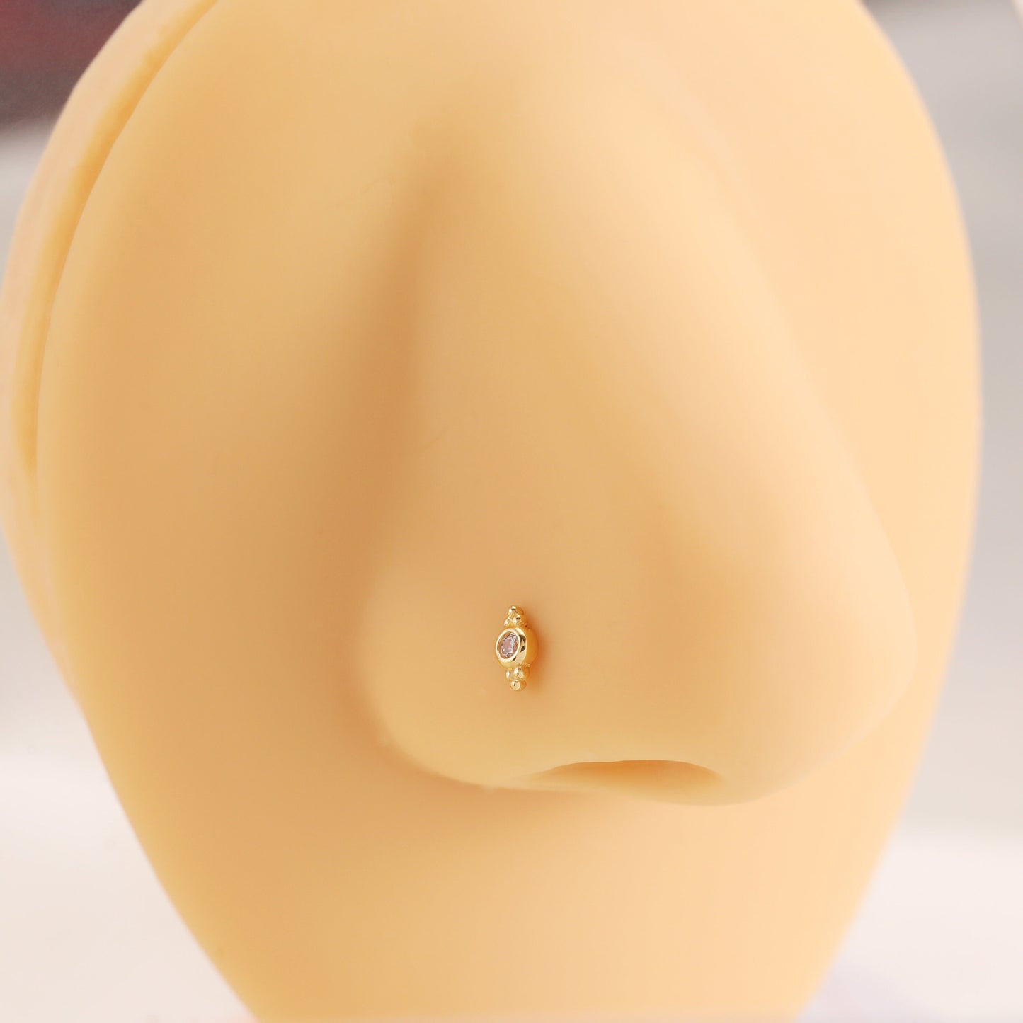 14K Solid Gold S/L Shape Beaded Nose Stud Gemstone 20g