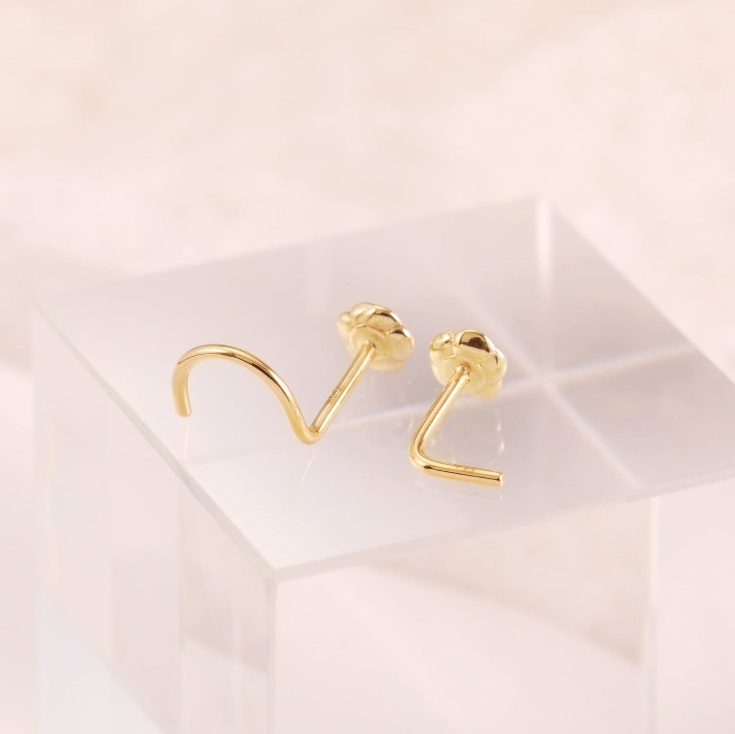 14K Solid Gold Rose Nose Stud Tiny L-Shape Flower Ring Dainty S-shape Piercing 20g
