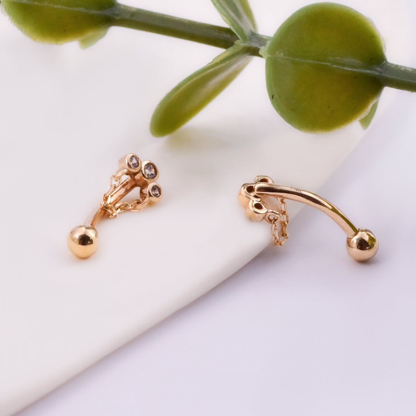 14K Solid Gold 3 Bezel Stone Rook Daith Piercing Chain Curved Barbell