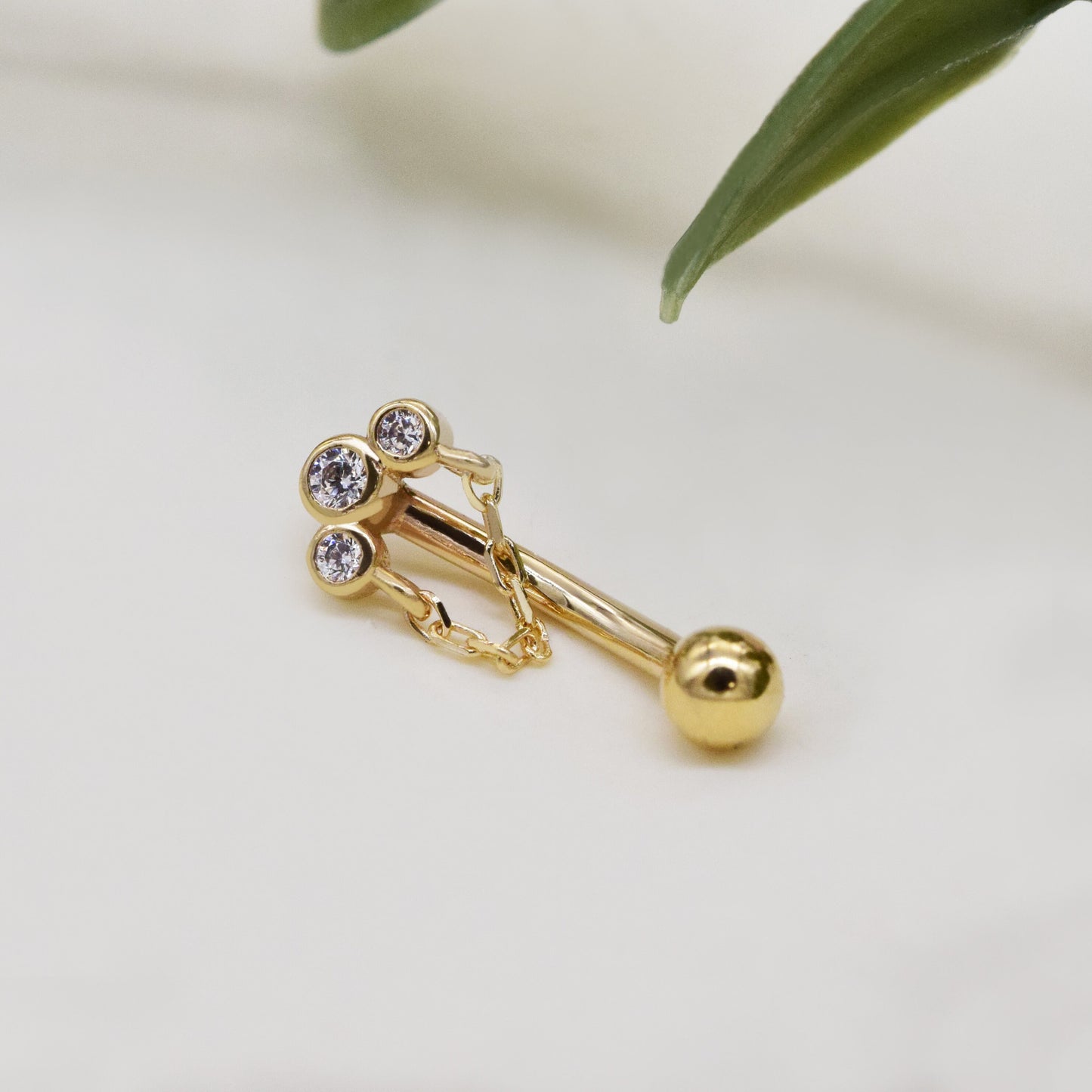 14K Solid Gold 3 Bezel Stone Rook Daith Piercing Chain Curved Barbell