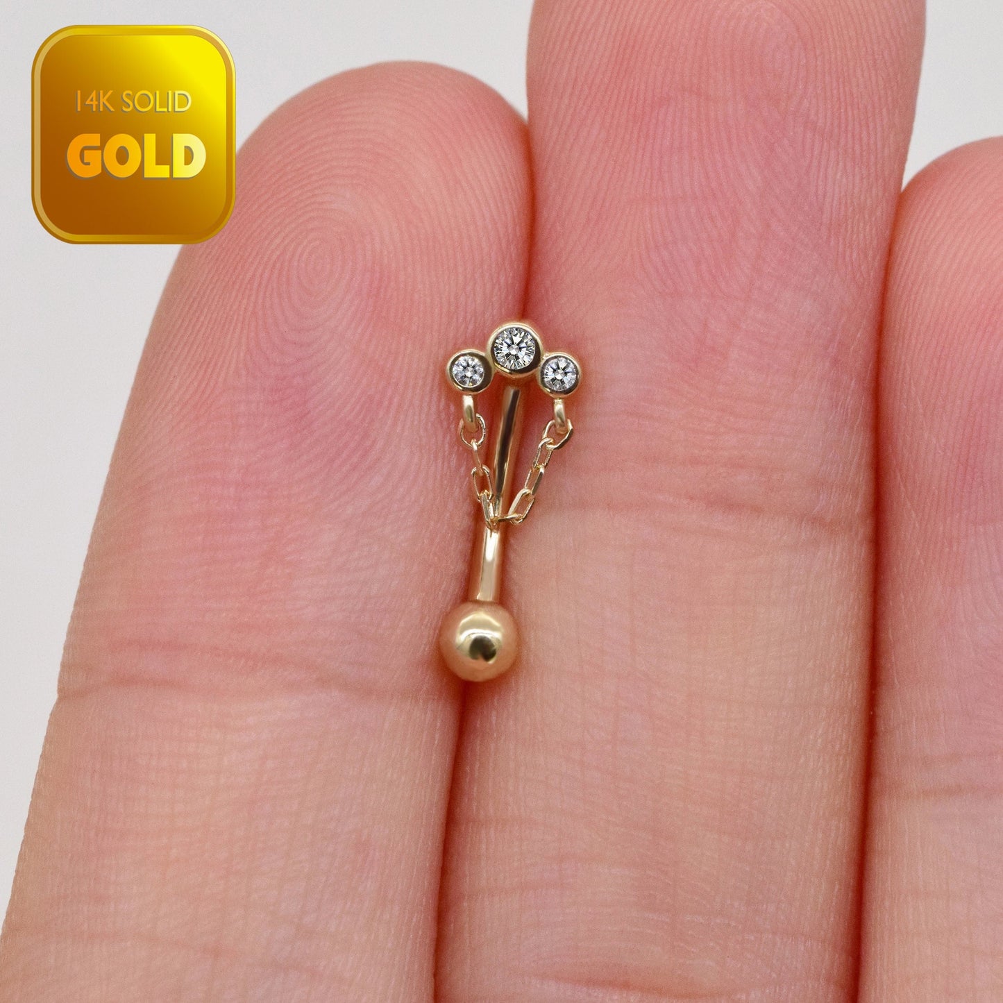 14K Solid Gold 3 Bezel Stone Rook Daith Piercing Chain Curved Barbell