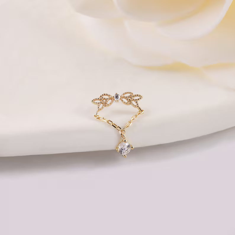 14K Gold Angel Wing Dangle Chain Earring