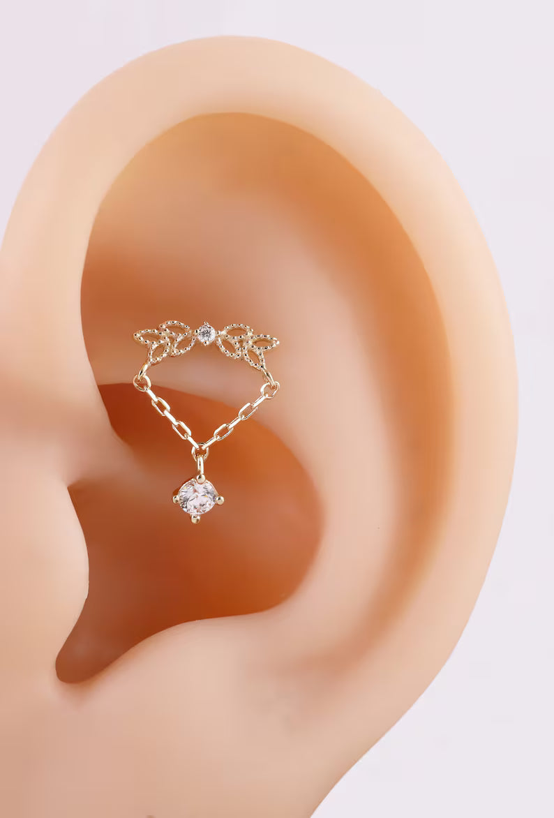14K Gold Angel Wing Dangle Chain Earring