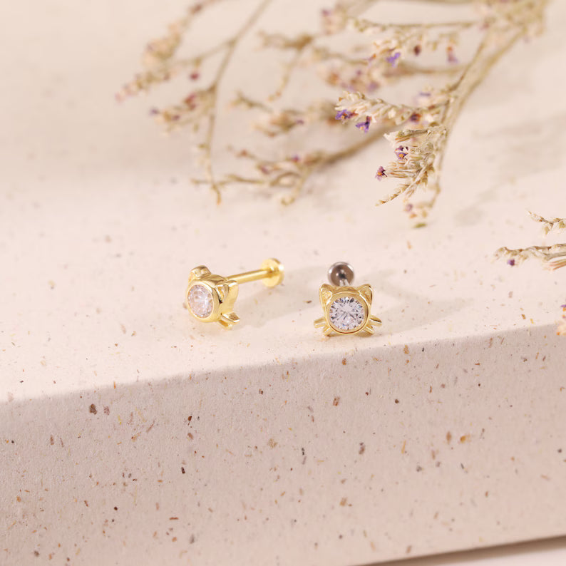 14K Gold Cat Cartilage Kitten Stud Earring