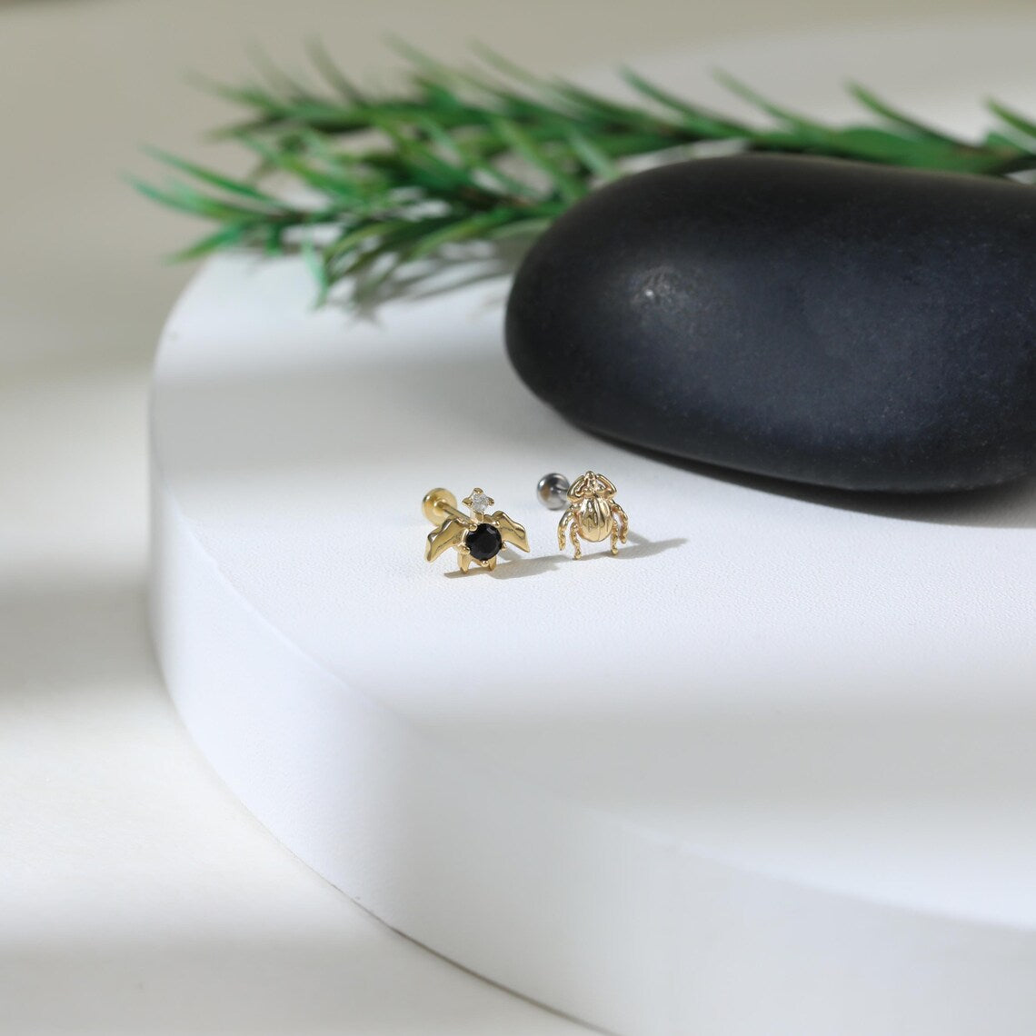 14K Gold Beetle & Bat Cartilage Earring