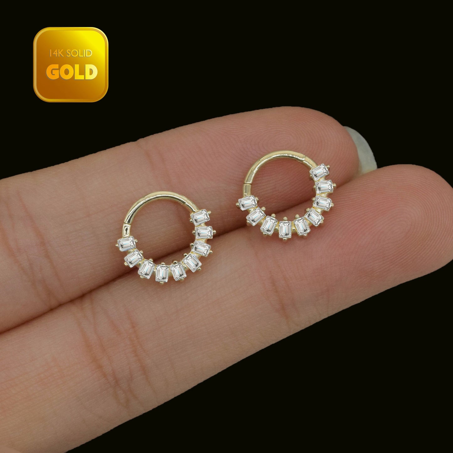 14K Solid Gold Baguette Zircon Hoop Earring 18g