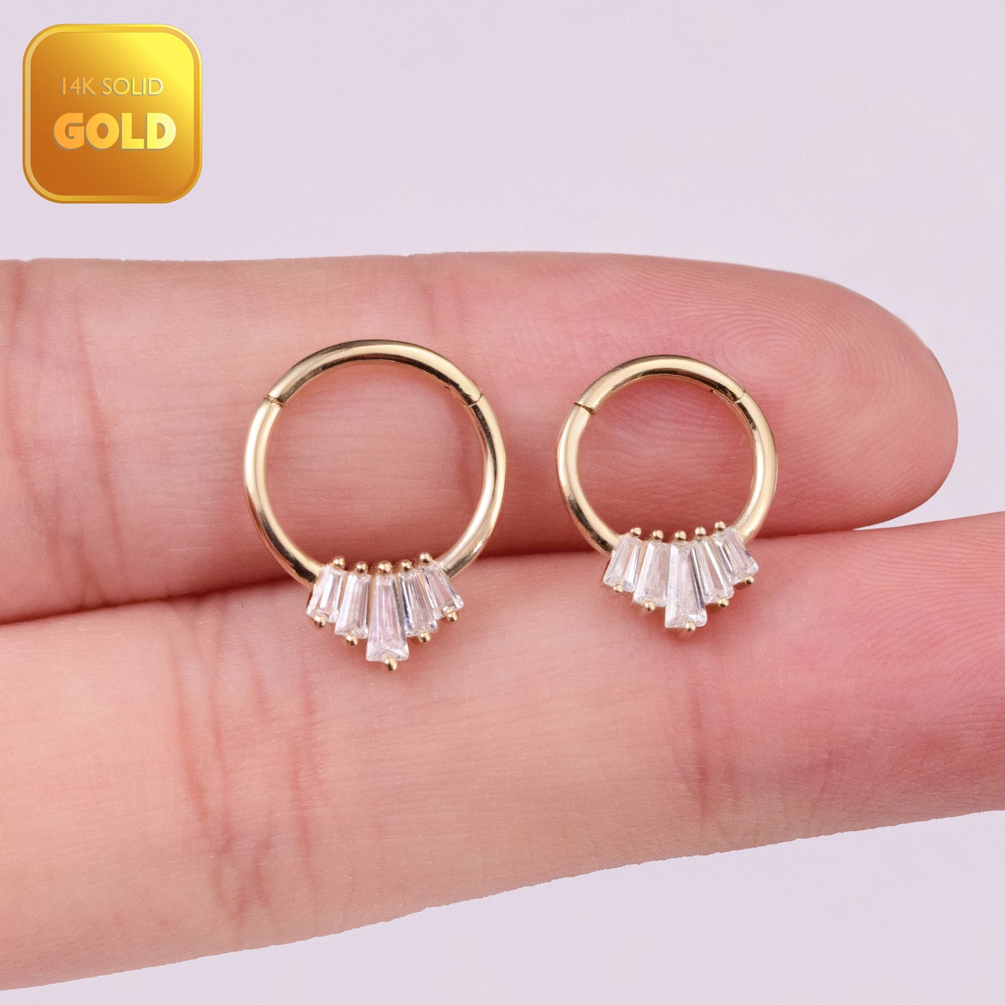 14K Solid Gold Baguette Daith Septum 16g Nose Cartilage Clicker Hoop