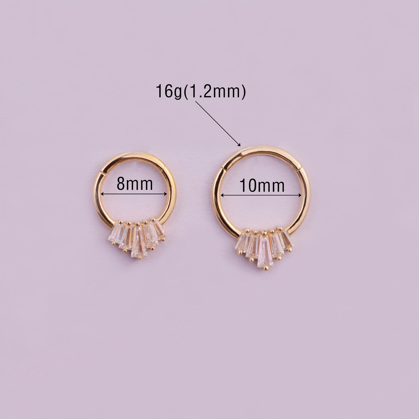 14K Solid Gold Baguette Daith Septum 16g Nose Cartilage Clicker Hoop