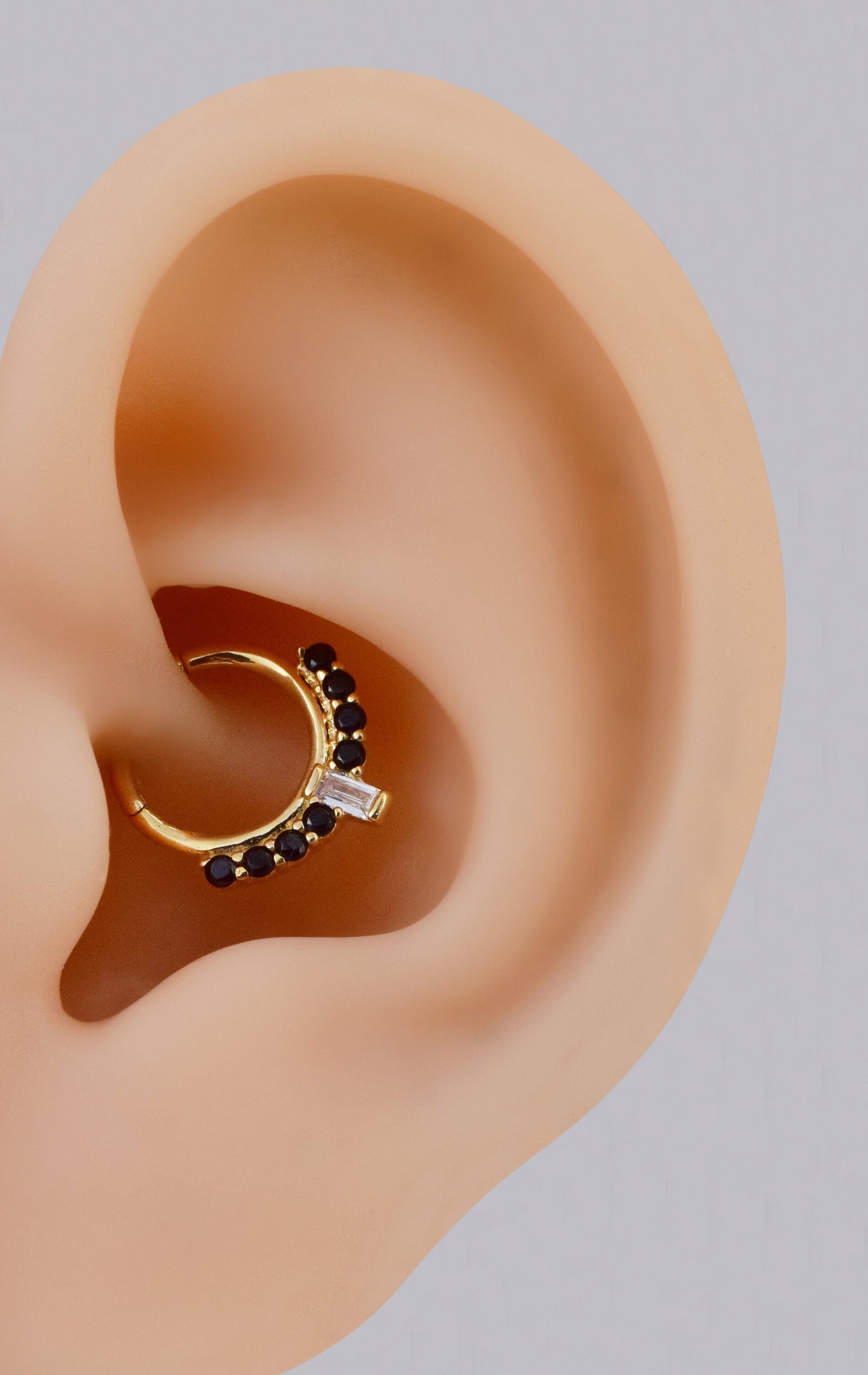 14K Solid gold baguette black stone clicker 16g hoop for septum