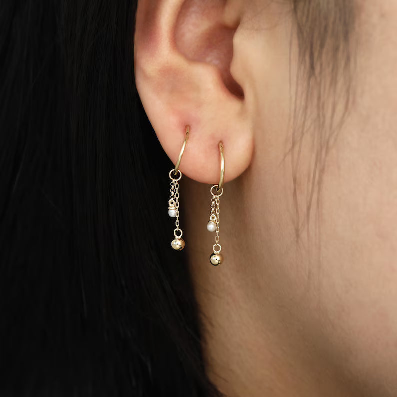 14K Gold Pearl Ball Dangle Chain Helix Earring