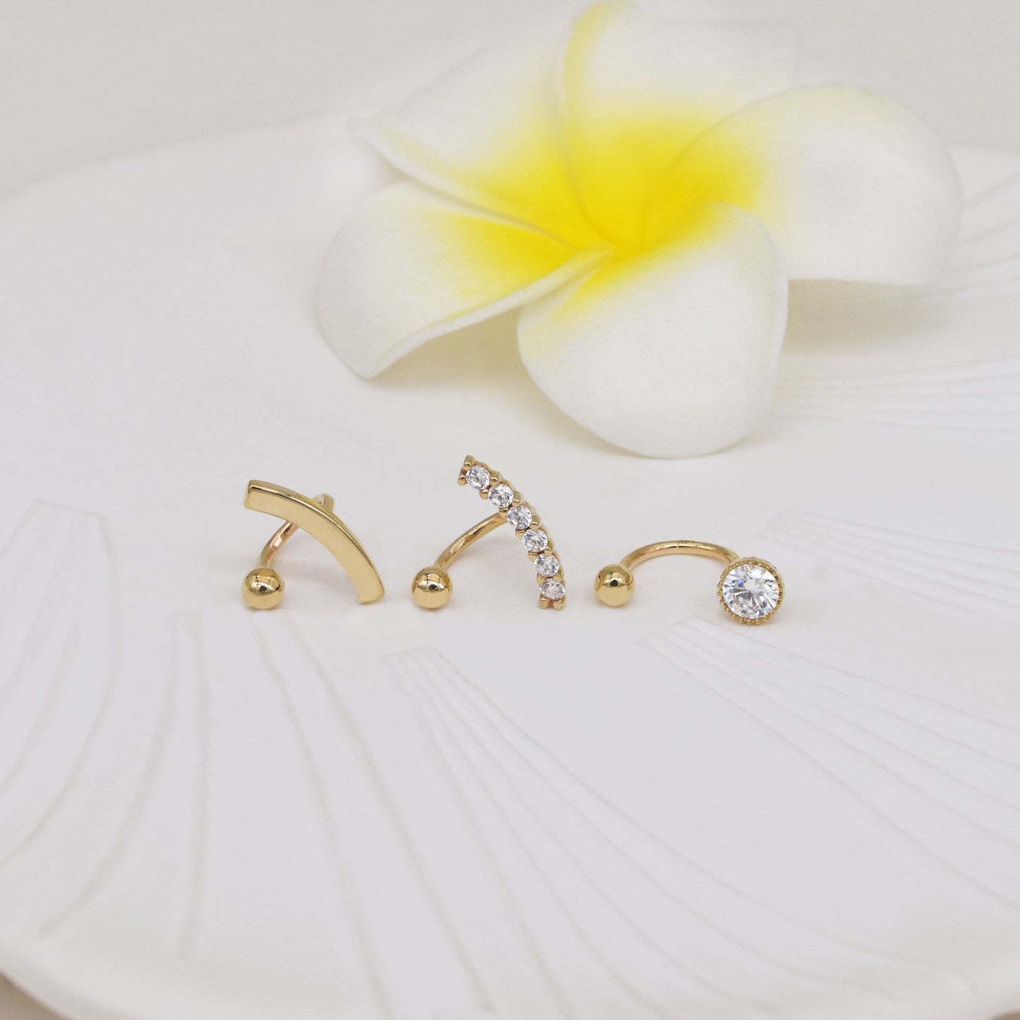 14K Solid Gold U-Shape Double Hole Screw Ball Huggie Earring 18g