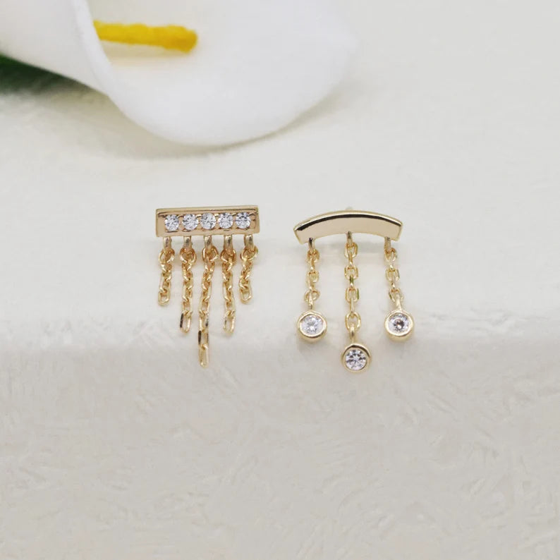 14K Solid Gold Bar Chain Earring