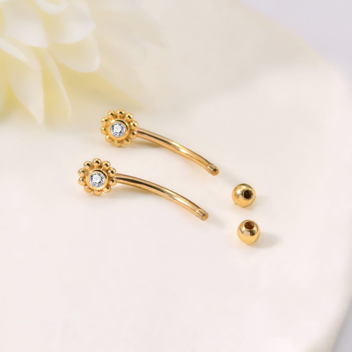 14K Solid Gold Sunflower Rook Piercing Curved Barbell Cubic Zirconia Belly Button 16g
