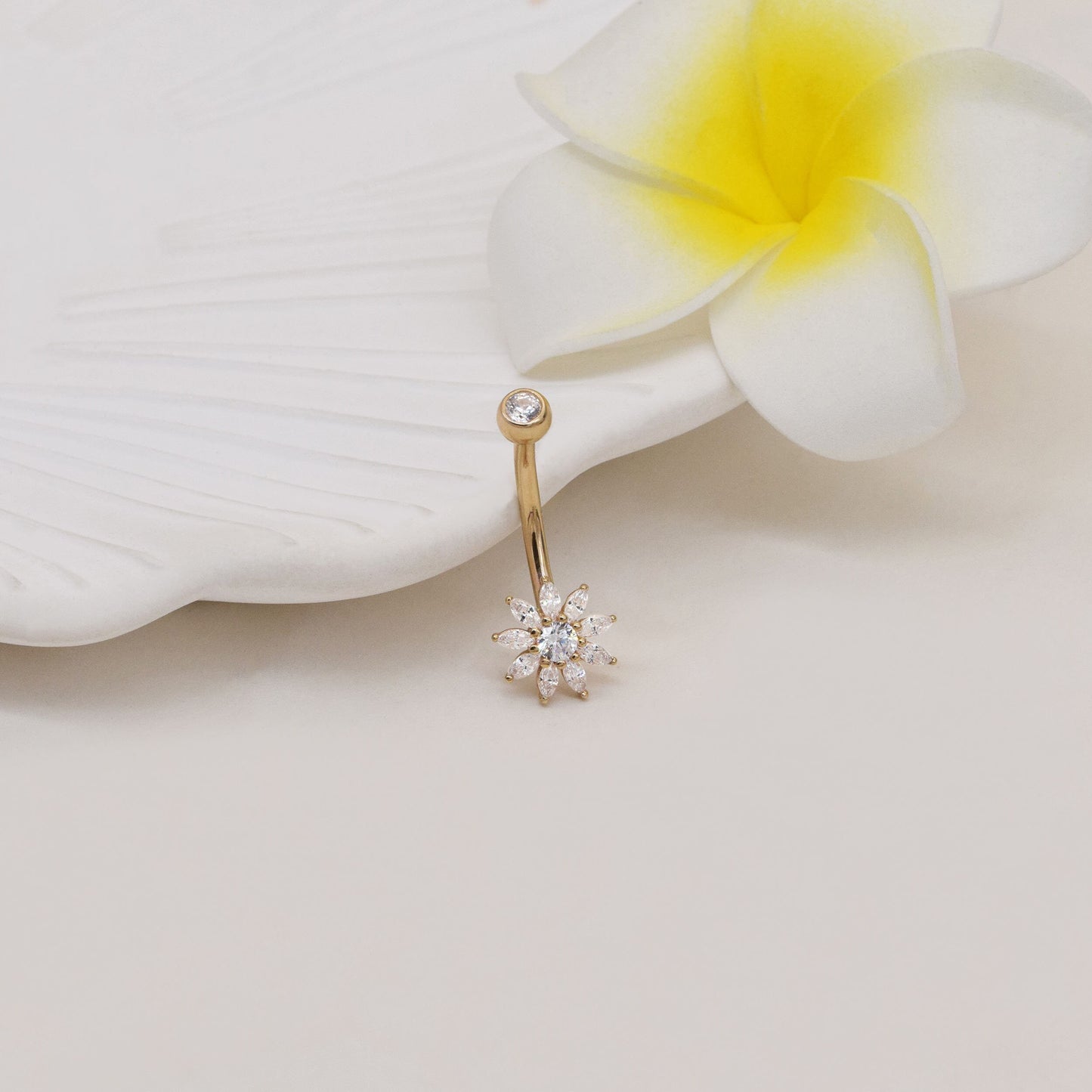 14K Solid Gold Flower Belly Ring Sunflower Cubic Zirconia Navel Piercing 14G