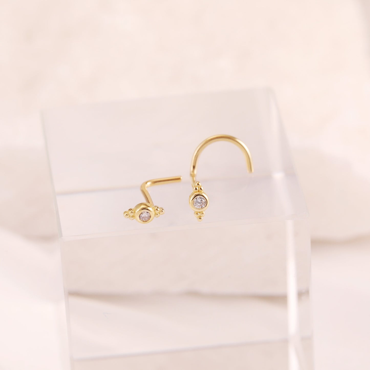 14K Solid Gold S/L Shape Beaded Nose Stud Gemstone 20g