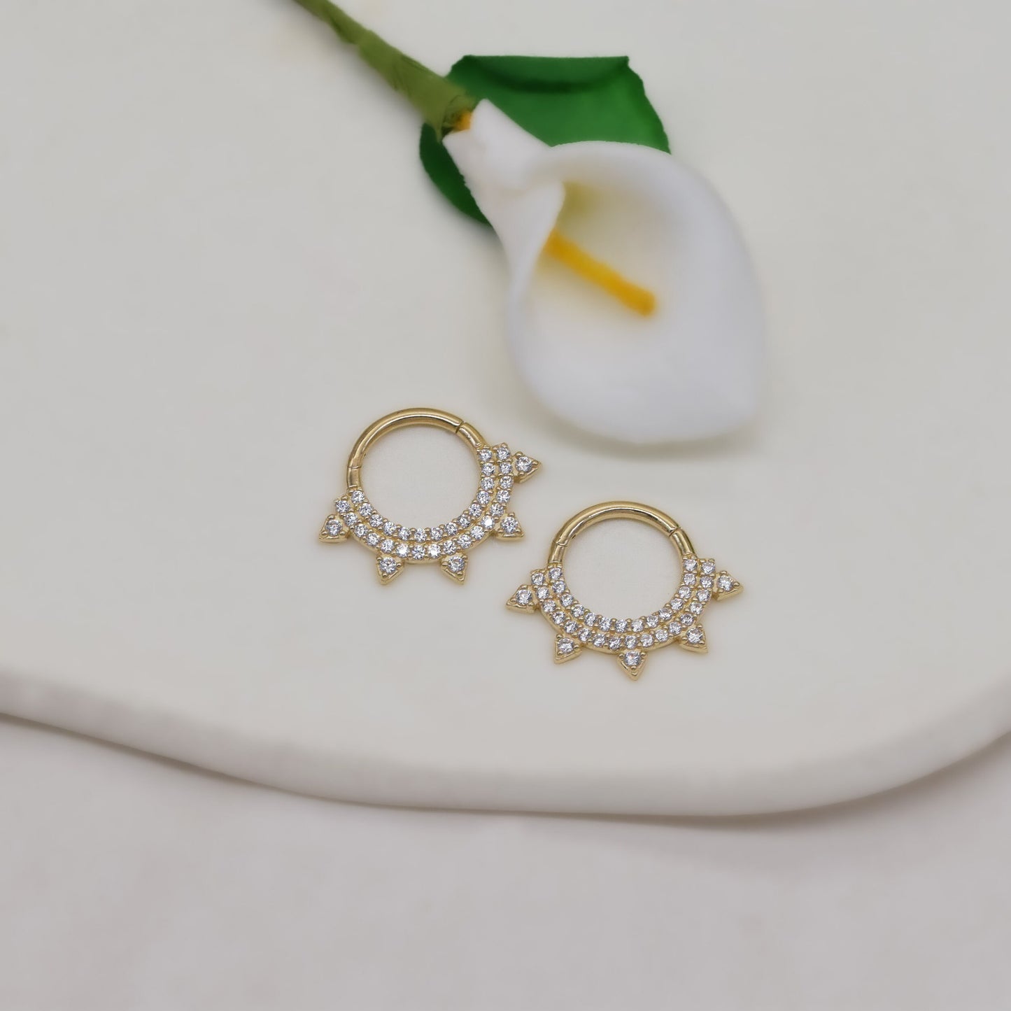 14K Gold Cubic Zirconia Diamond Sunshine Hoop 16G
