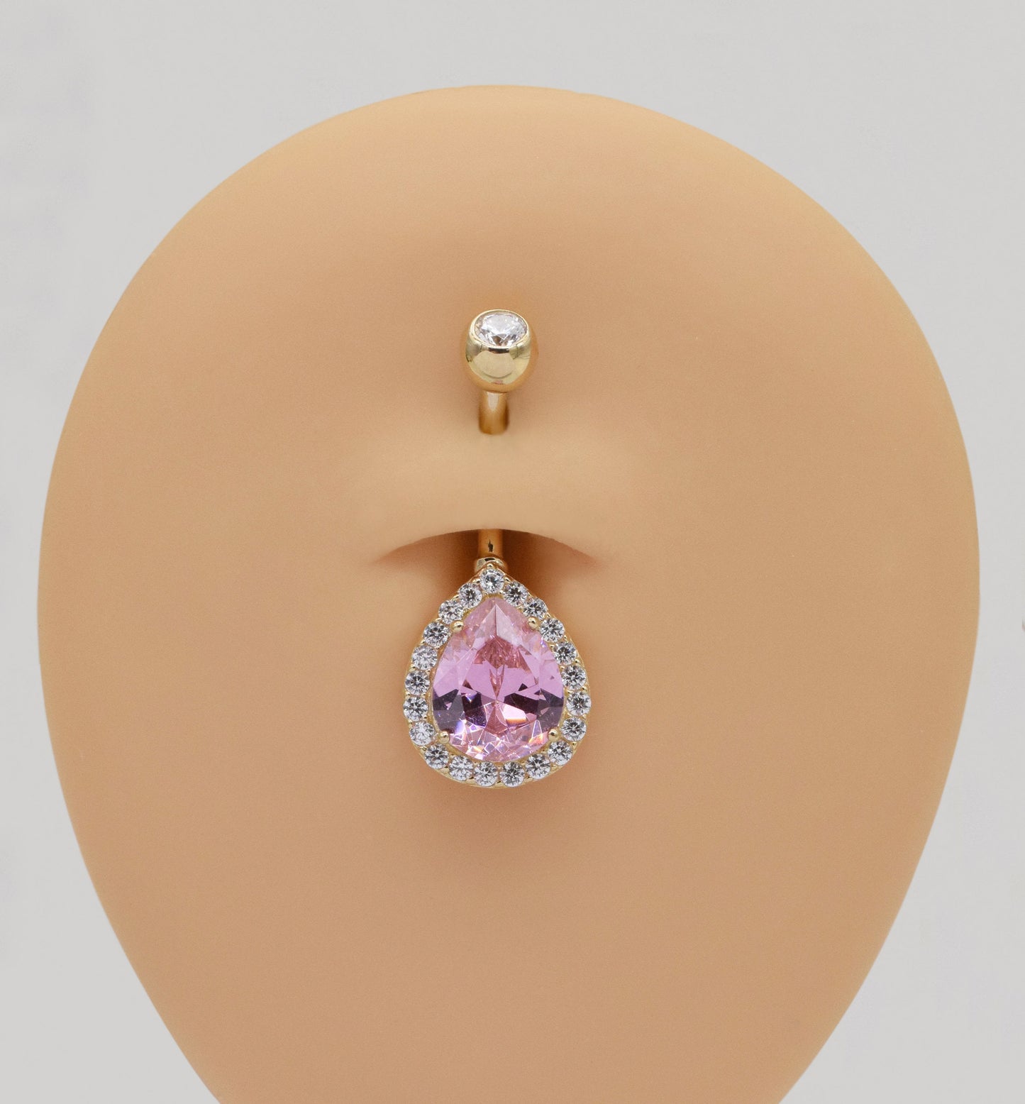 14K Solid Gold Pink Teardrop Belly Ring 14G