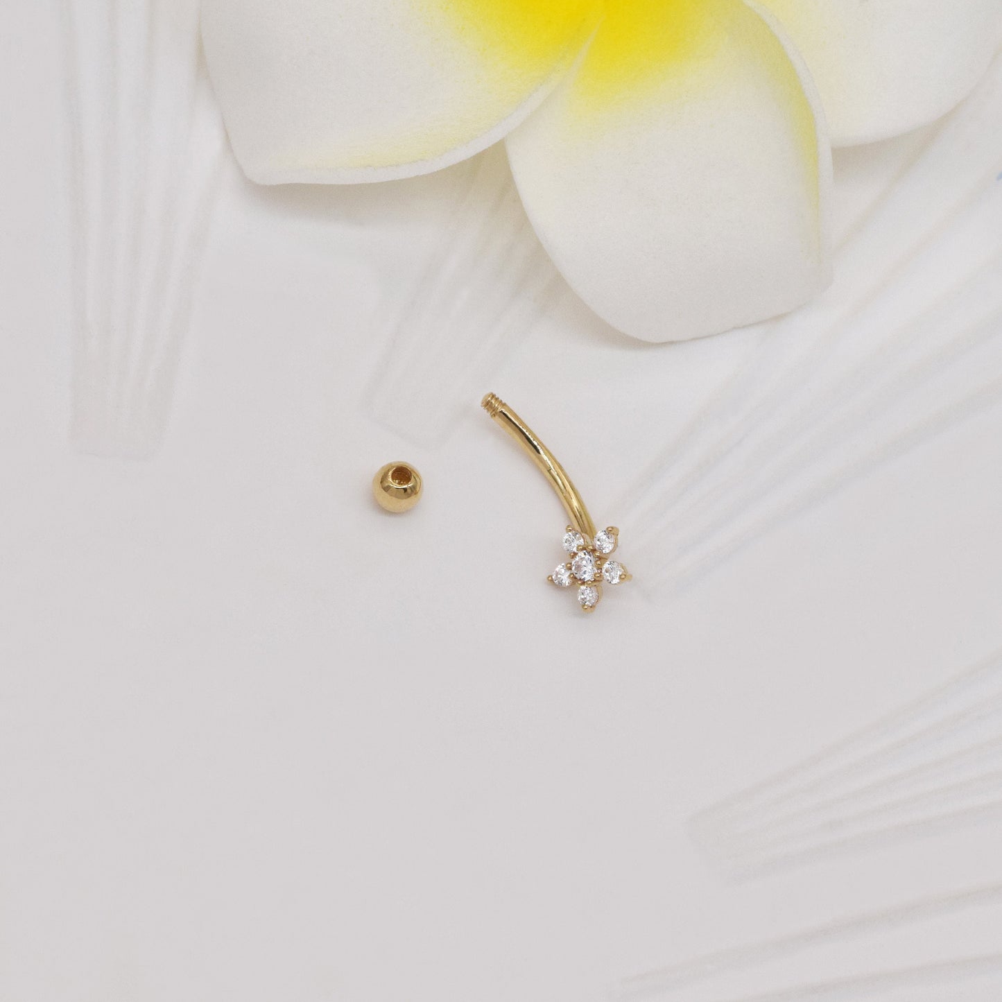 14K Solid Gold Flower Rook Earring Navel Barbell 16G Gift for Her