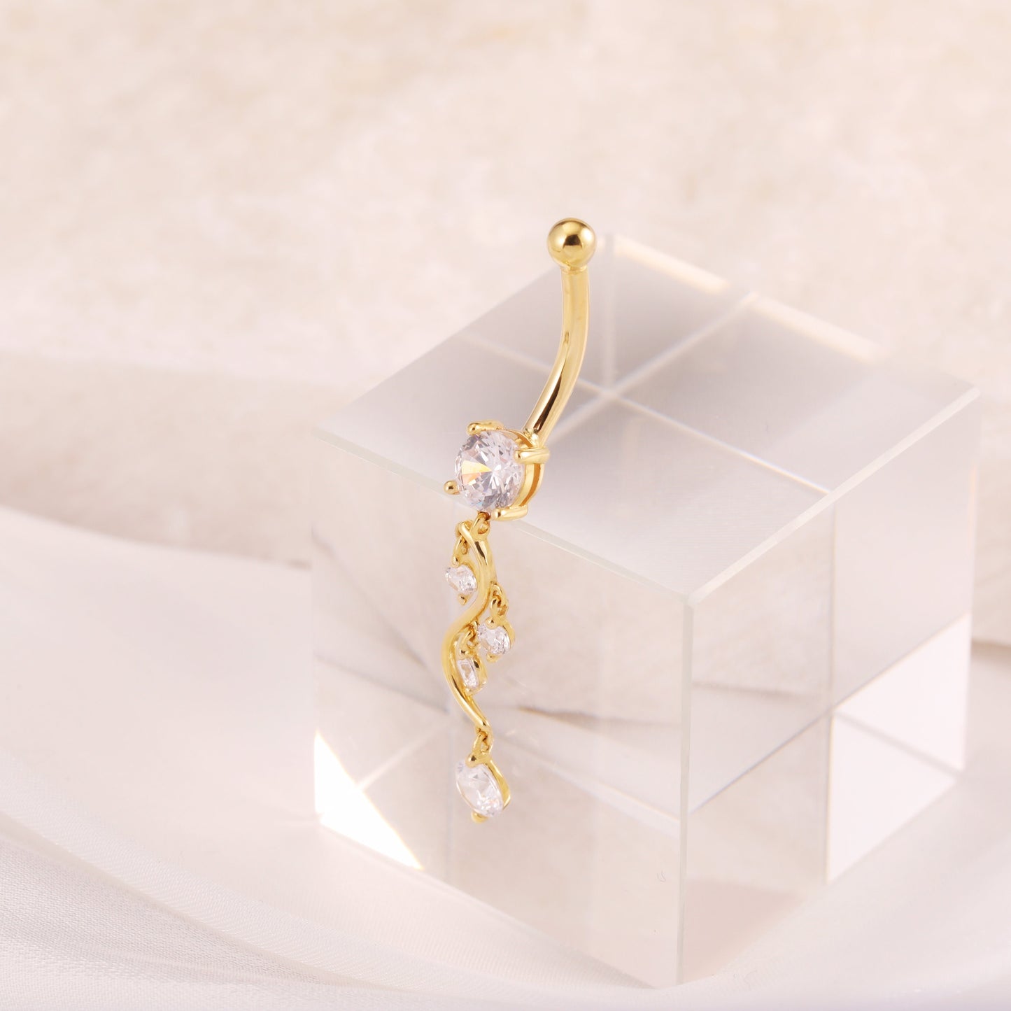 14K Solid Gold Crystal Leaves Belly Ring