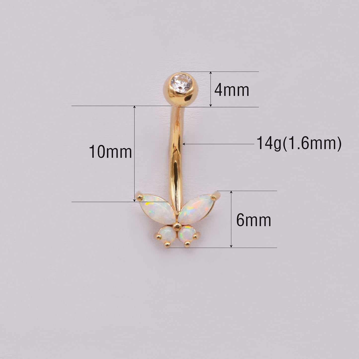 14K Solid Gold Butterfly Opal 14g Belly Button Ring