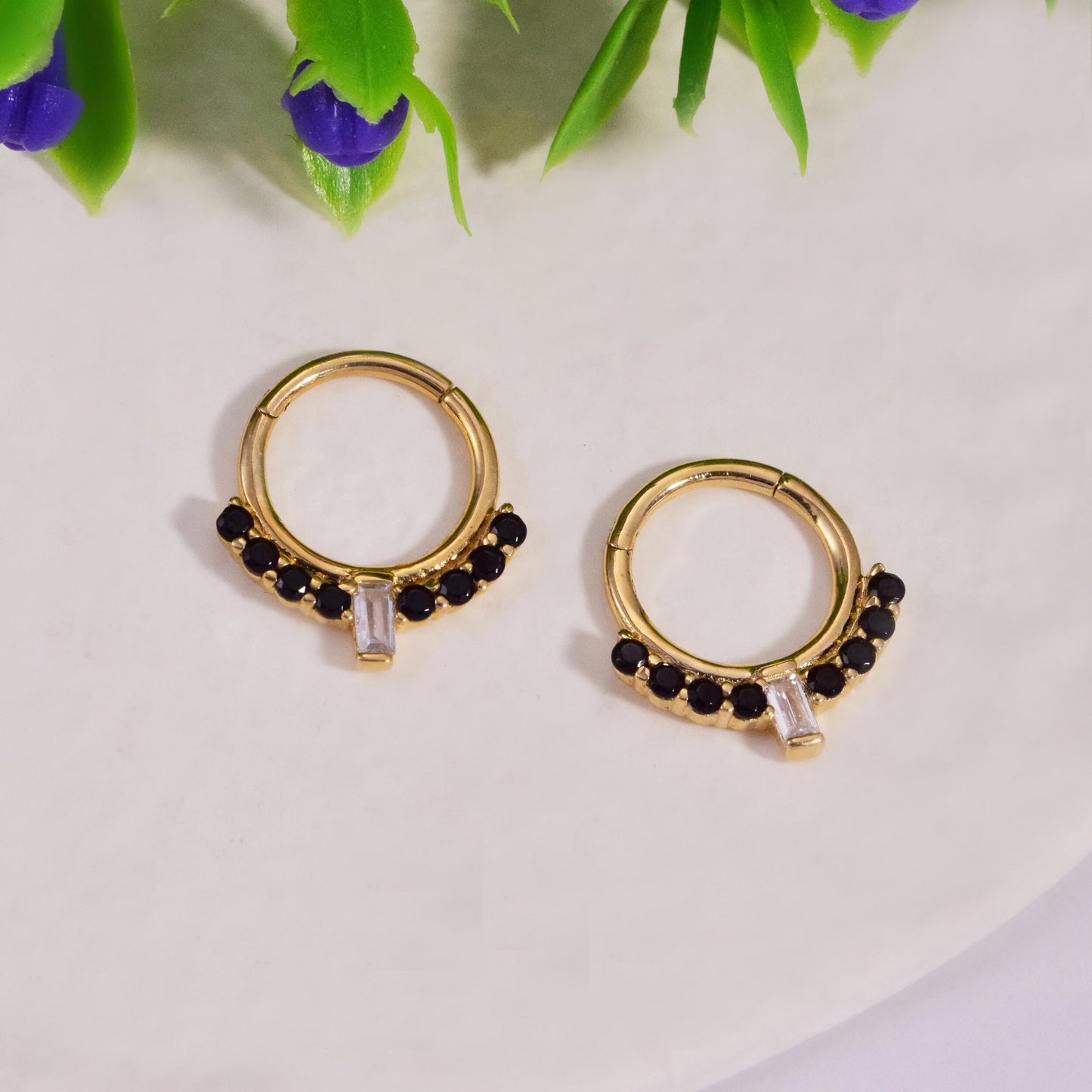 14K Solid gold baguette black stone clicker 16g hoop for septum