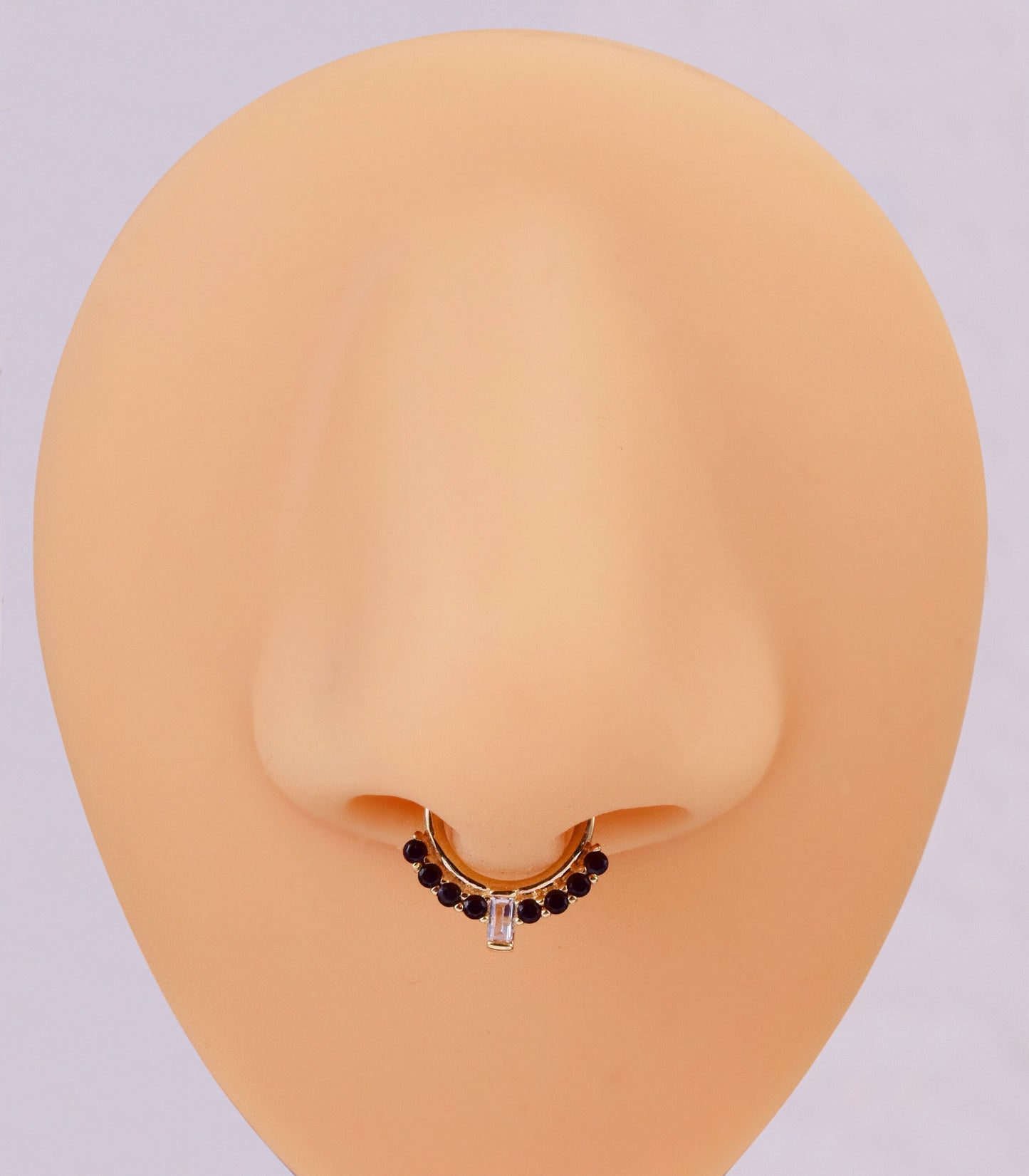 14K Solid gold baguette black stone clicker 16g hoop for septum