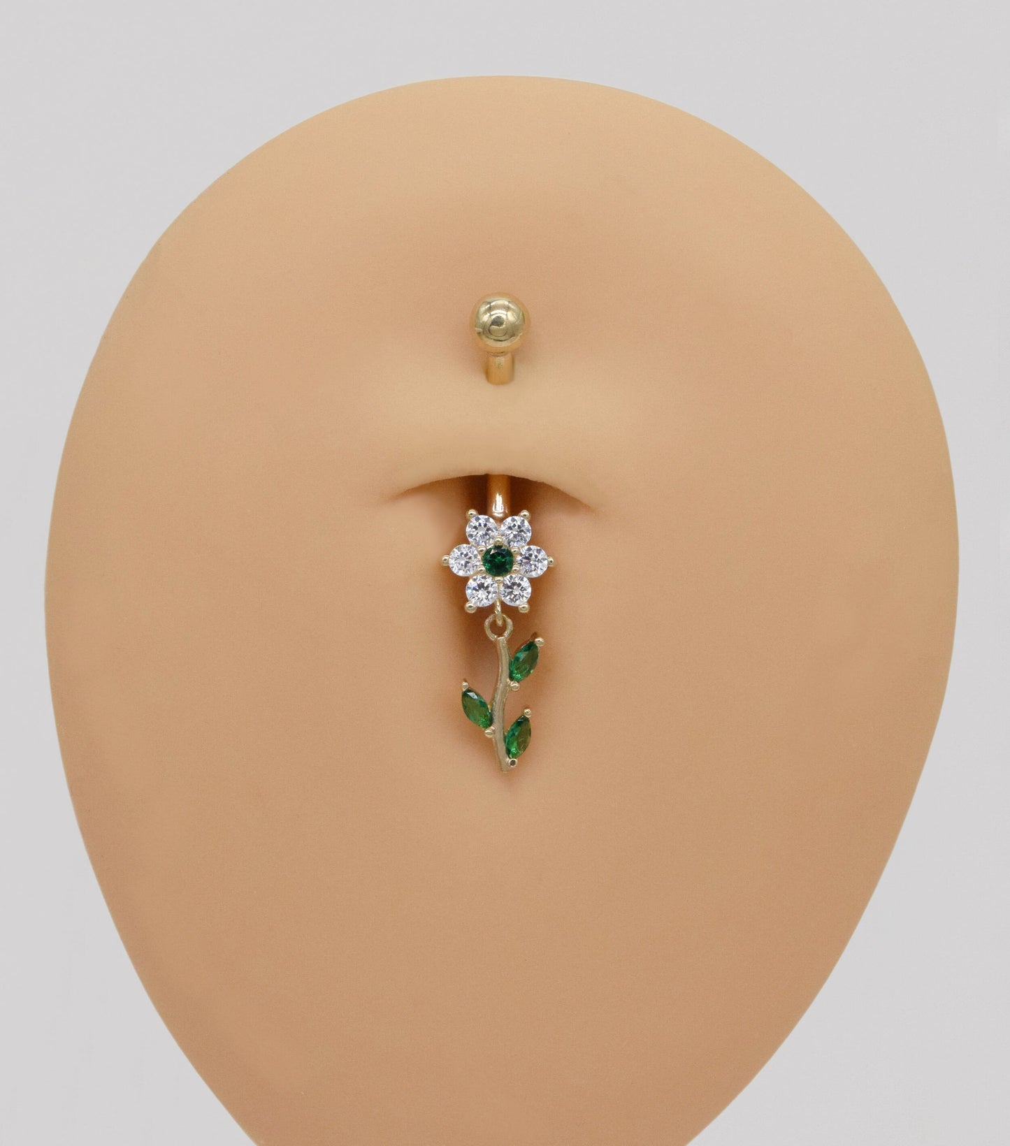 14K Solid Gold Flower Belly Ring Dangly Navel Piercing 14G