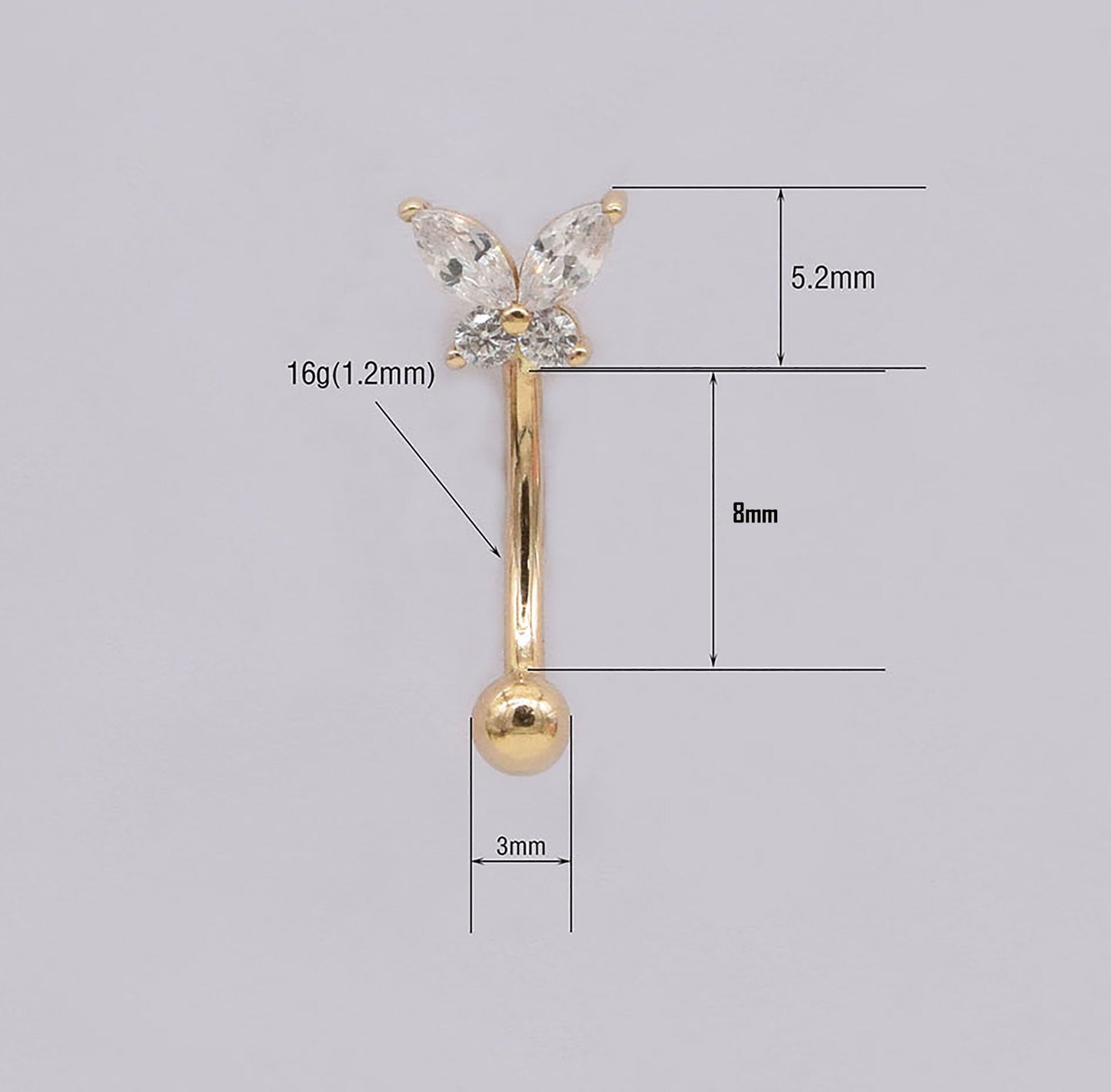 14K Solid Gold Butterfly Rook Belly Ring Navel Piercing 16G