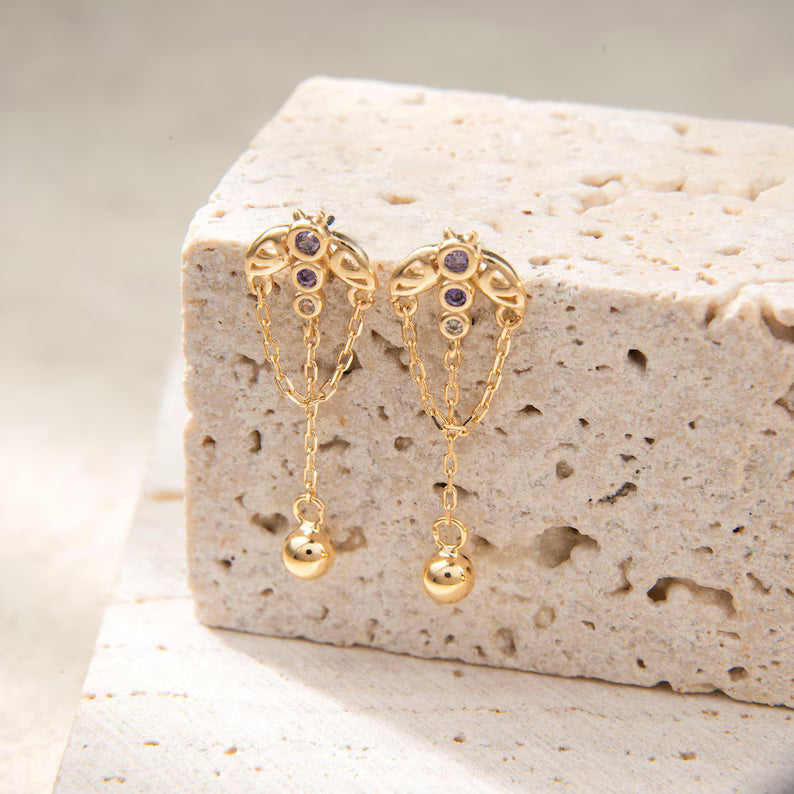 14K Gold Butterfly Chain Stud Earring